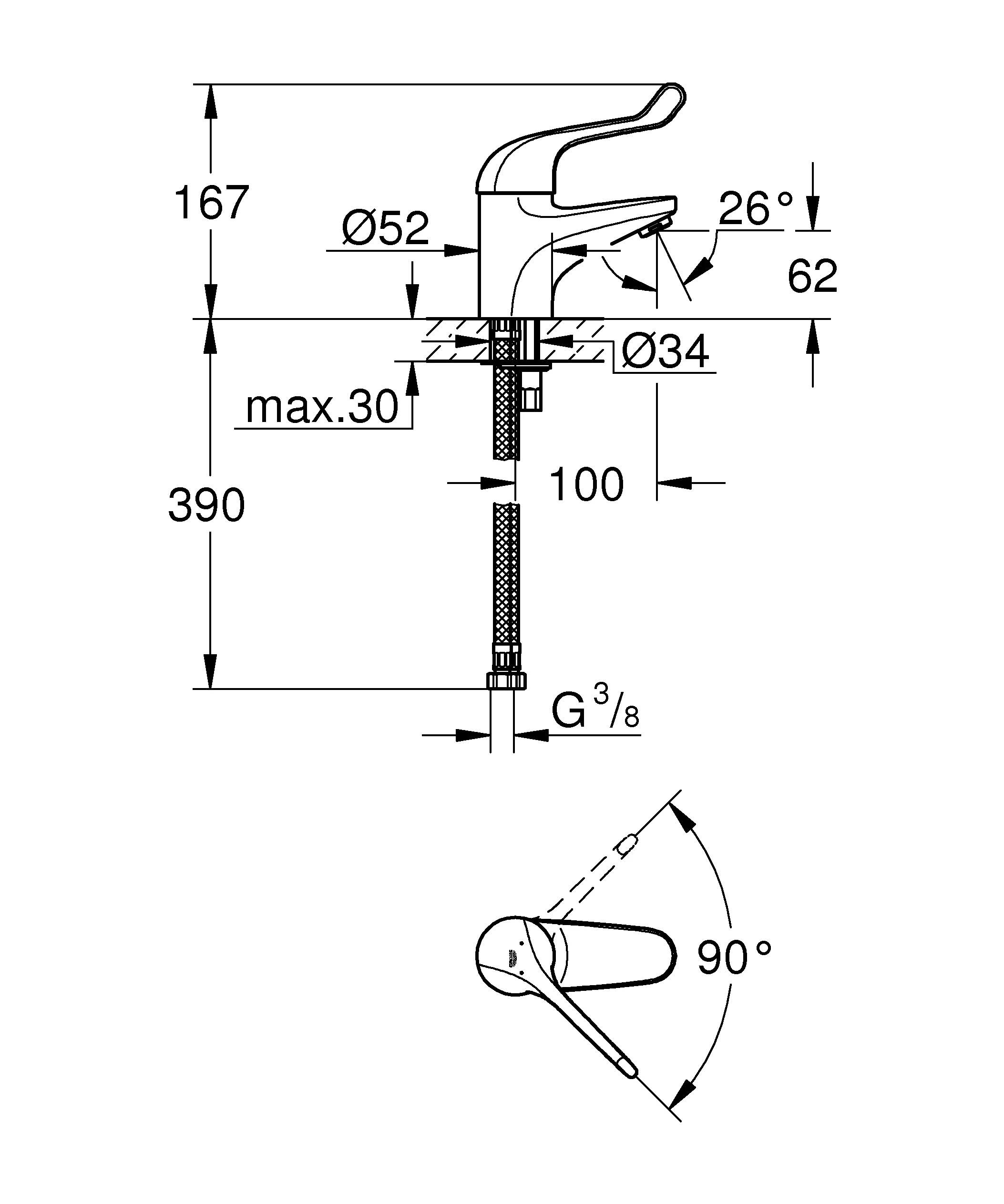 Einhand-Sicherheitsmisch-Waschtischbatterie Euroeco Special 32789, Einlochmontage, glatter Körper, Auslaufhöhe 62 mm, Hebellänge 120 mm, chrom