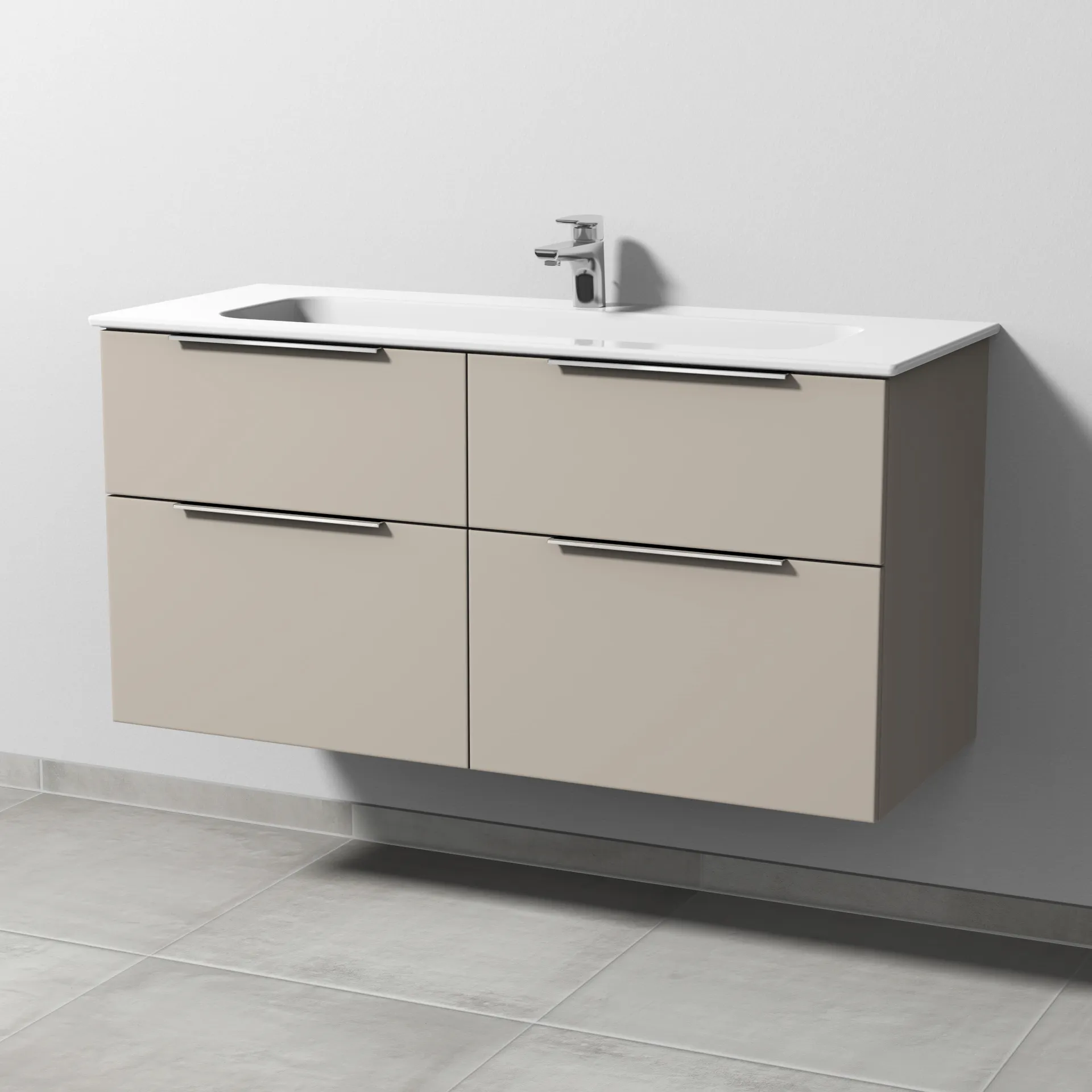 Keramik-Waschtisch-Set mit Waschtischunterschrank „3way“ 117 × 46 × 58,2 cm in Kaschmir (matt), mit Hahnlochbohrung, Becken mittig Keramik-Waschtisch-Set mit Waschtischunterschrank „3way“ 117 × 46 × 58,2 cm in Kaschmir (matt), mit Hahnlochbohrung, Becken mittig