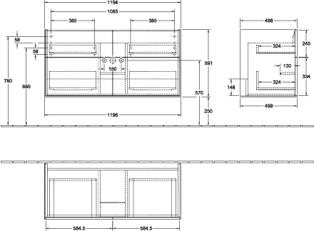 Villeroy & Boch Waschtischunterschrank „Finion“ für Schrankwaschtisch 119,6 × 59,1 × 49,8 cm 4 Schubladen, für Waschtischposition mittig in mittig