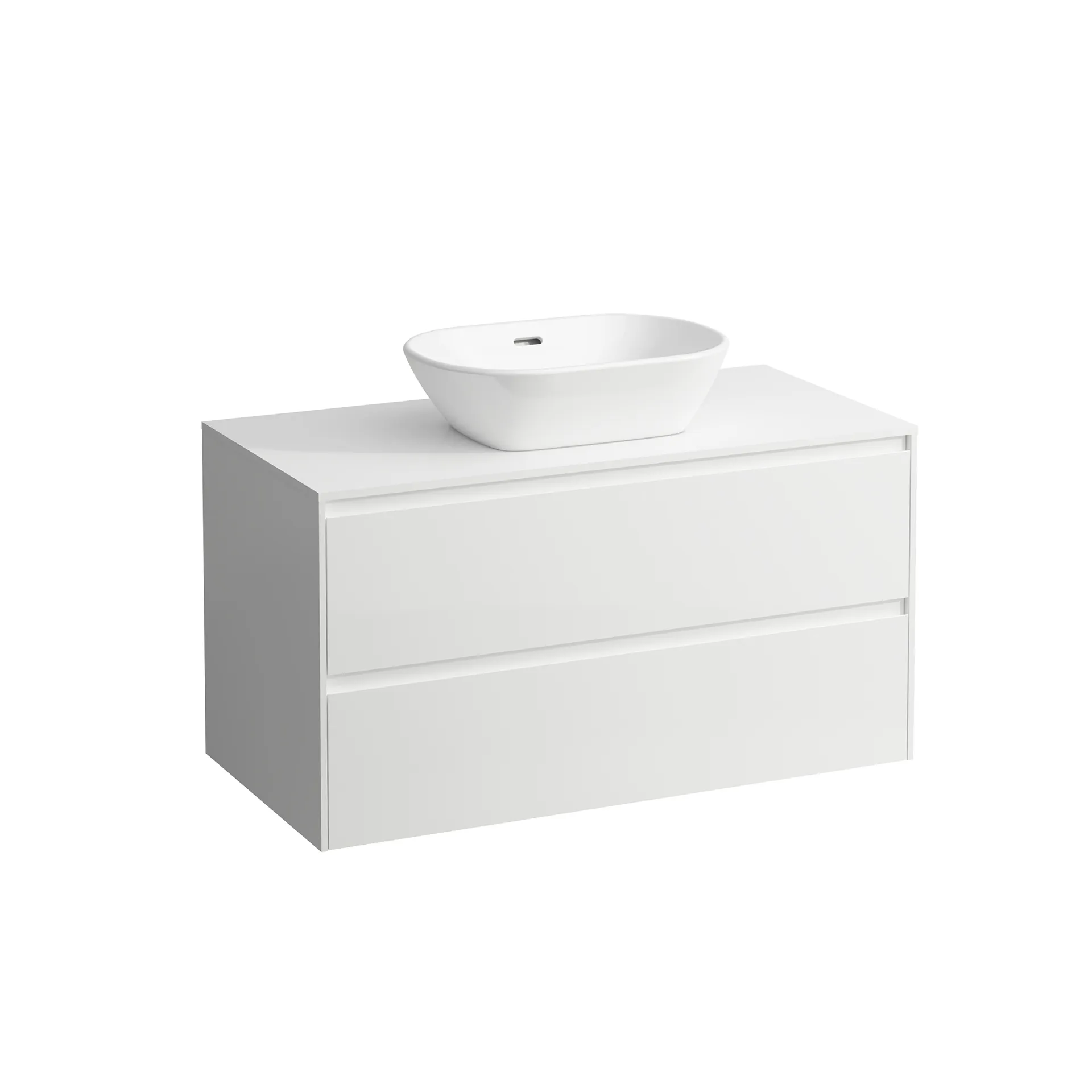 Waschtischunterbau+Waschtischplatte (Schubladenelement) LANI 493x985x527 mit Ausschnitt mittig Abdeckplatte 12 mm, mit 2 Schubladen integrierter Griffleiste Vollauszug und Soft-Close weiß matt