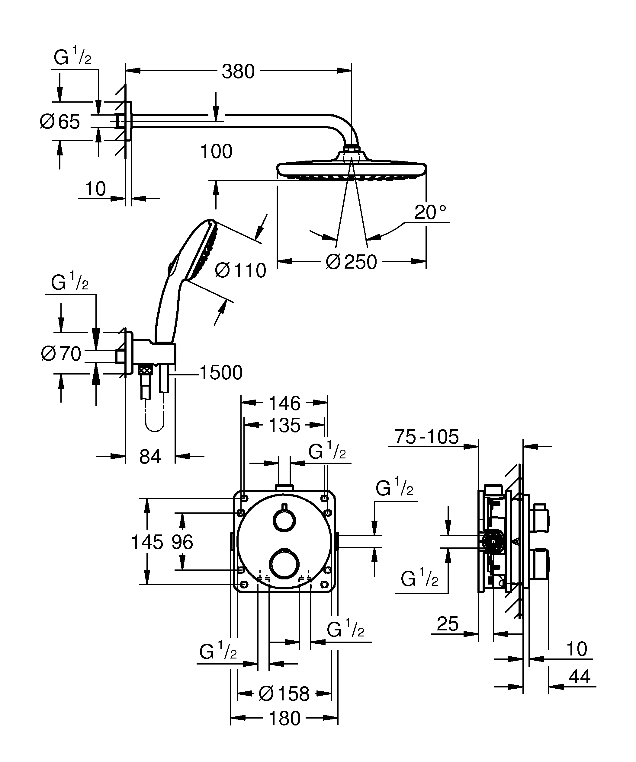 UP-Duschsystem Grohtherm 34872, mit Thermostat-Fertigmontageset 2-Wege-Umstellung, Rapido SmartBox, Tempesta 250 Kopfbrause, Brausearm, Tempesta 110 Handbrause 2 Strahlarten, Brauseschlauch, Wandanschlussbogen mit Wandbrausehalter, chrom