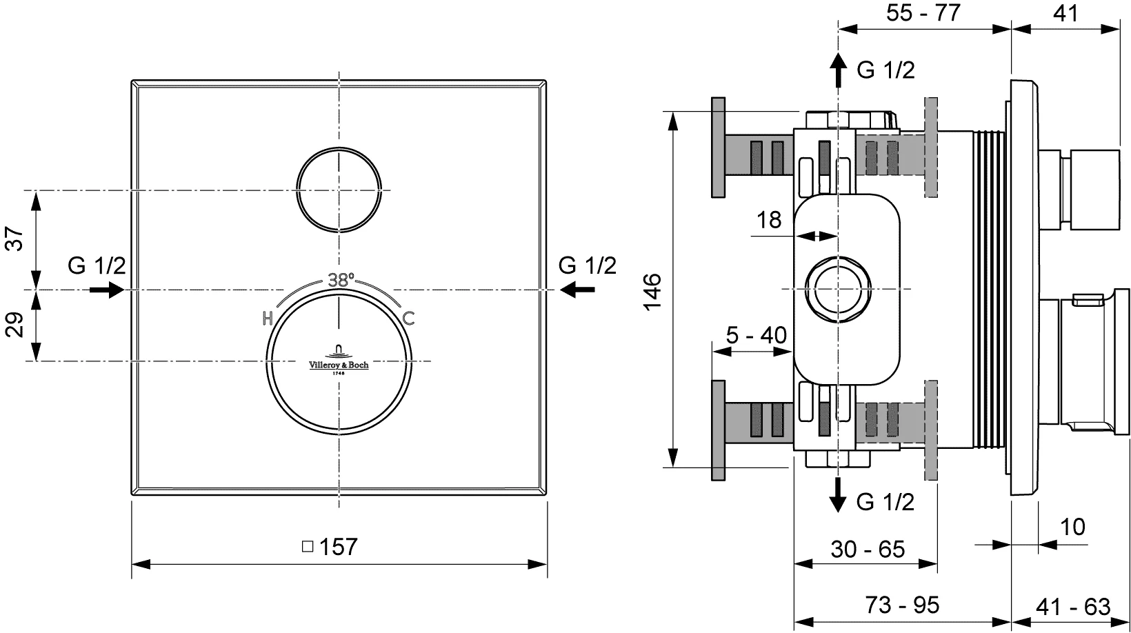 Villeroy & Boch Unterputz-Thermostat Vea, Chrom, 157x45x157 mm, Einwege-Mengenregulierung Villeroy & Boch Unterputz-Thermostat Vea, Chrom, 157x45x157 mm, Einwege-Mengenregulierung