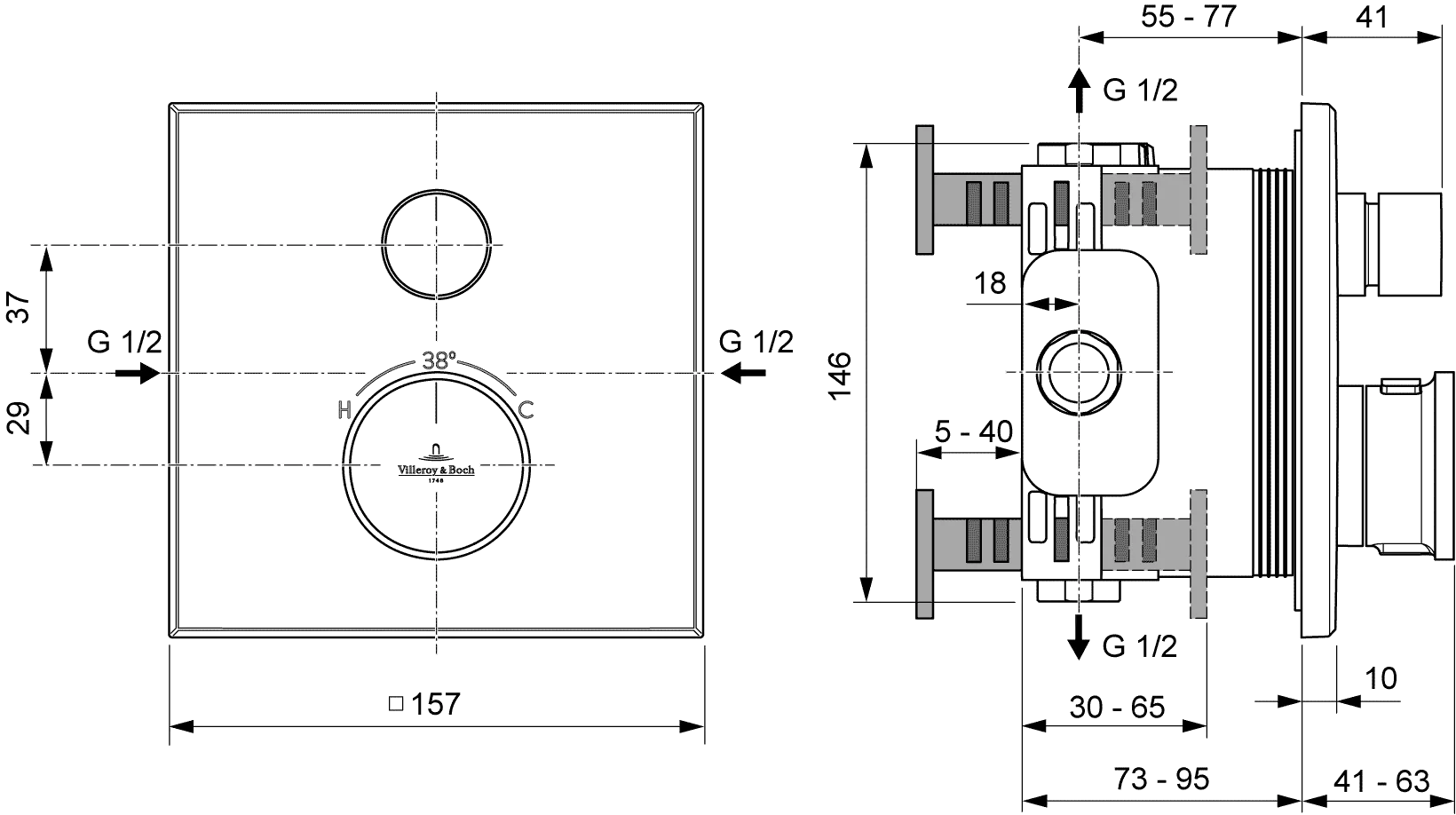 Villeroy & Boch Unterputz-Thermostat Vea, Chrom, 157x45x157 mm, Einwege-Mengenregulierung