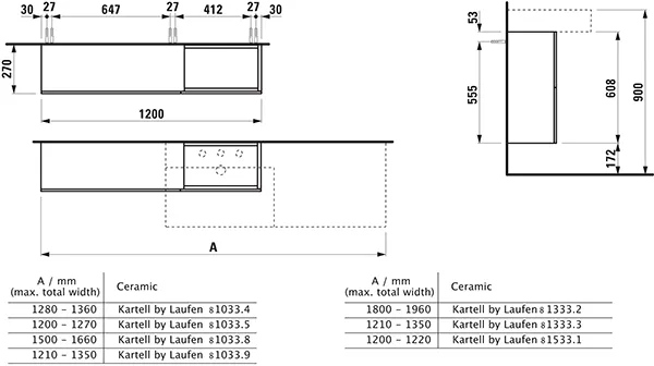 Laufen Waschtischunterbau „Kartell“ 270 × 610 × 1200 mm Kieselgrau, rechts Laufen Waschtischunterbau „Kartell“ 270 × 610 × 1200 mm Kieselgrau, rechts