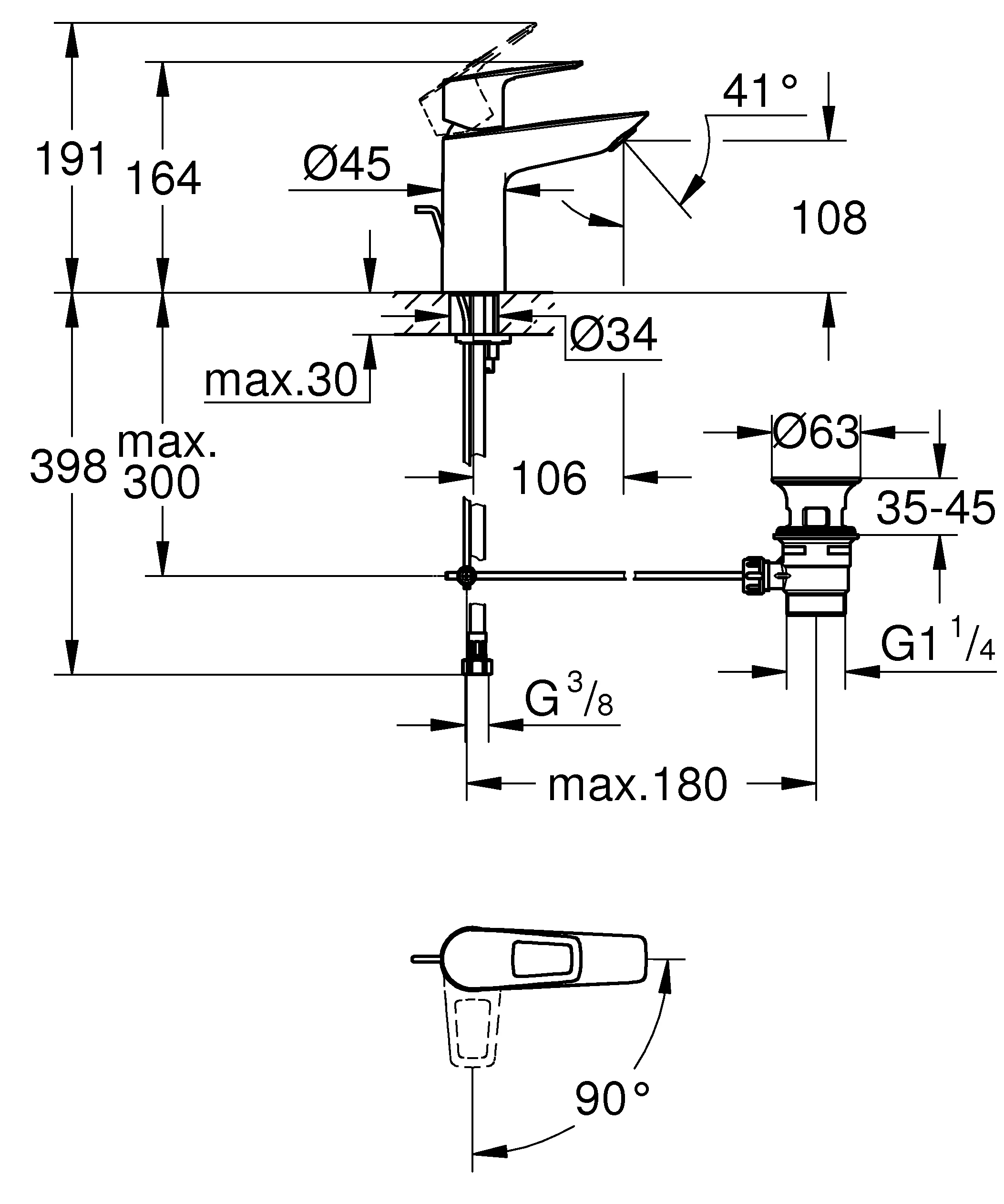 Einhand-Waschtischbatterie BauLoop 23887_1, M-Size, Energie-Sparfunktion Mittelstellung kalt, Einlochmontage, Temperaturbegrenzer, EcoJoy 5,7 l/min Mousseur, Zugstangen-Ablaufgarnitur aus Kunststoff 1 1/4″, chrom