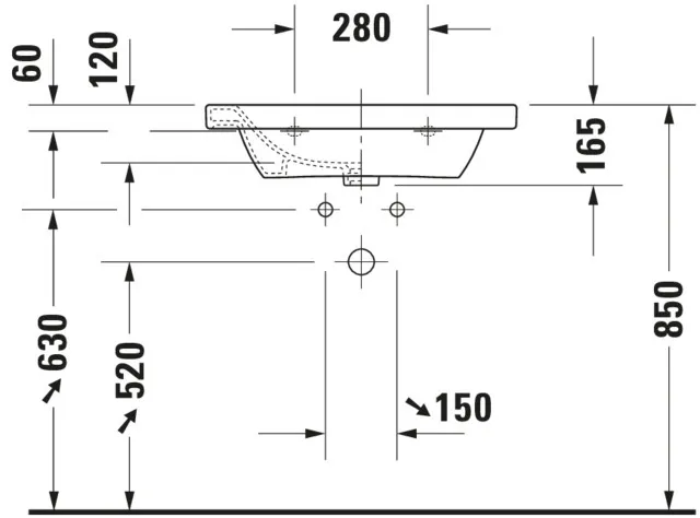 Wandwaschtisch „DuraStyle“, mit Überlauf, Hahnlochposition mittig  Wandwaschtisch „DuraStyle“, mit Überlauf, Hahnlochposition mittig