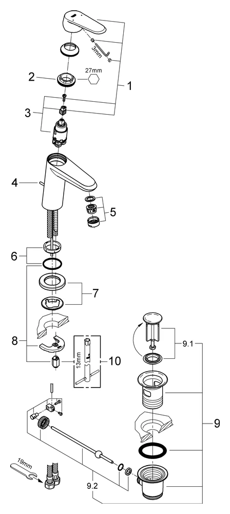 Einhand-Waschtischbatterie Eurodisc Cosmopolitan 23049_2, S-Size, Einlochmontage, Zugstangen-Ablaufgarnitur 1 1/4'', chrom