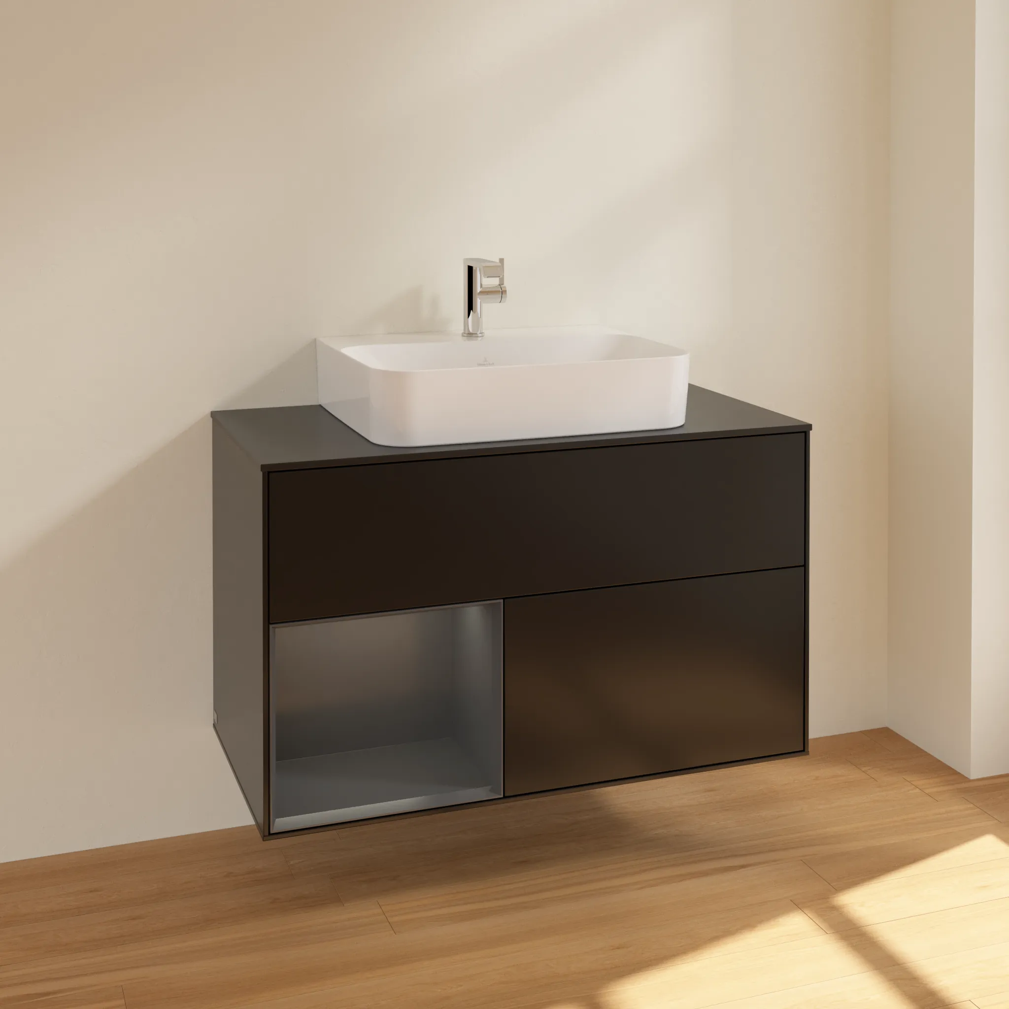 Villeroy & Boch Waschbeckenunterschrank Finion F11, 1000x603x501 mm, Black Matt Lacquer mit Gold Akzenten, mit Beleuchtung und Push-to-open Funktion