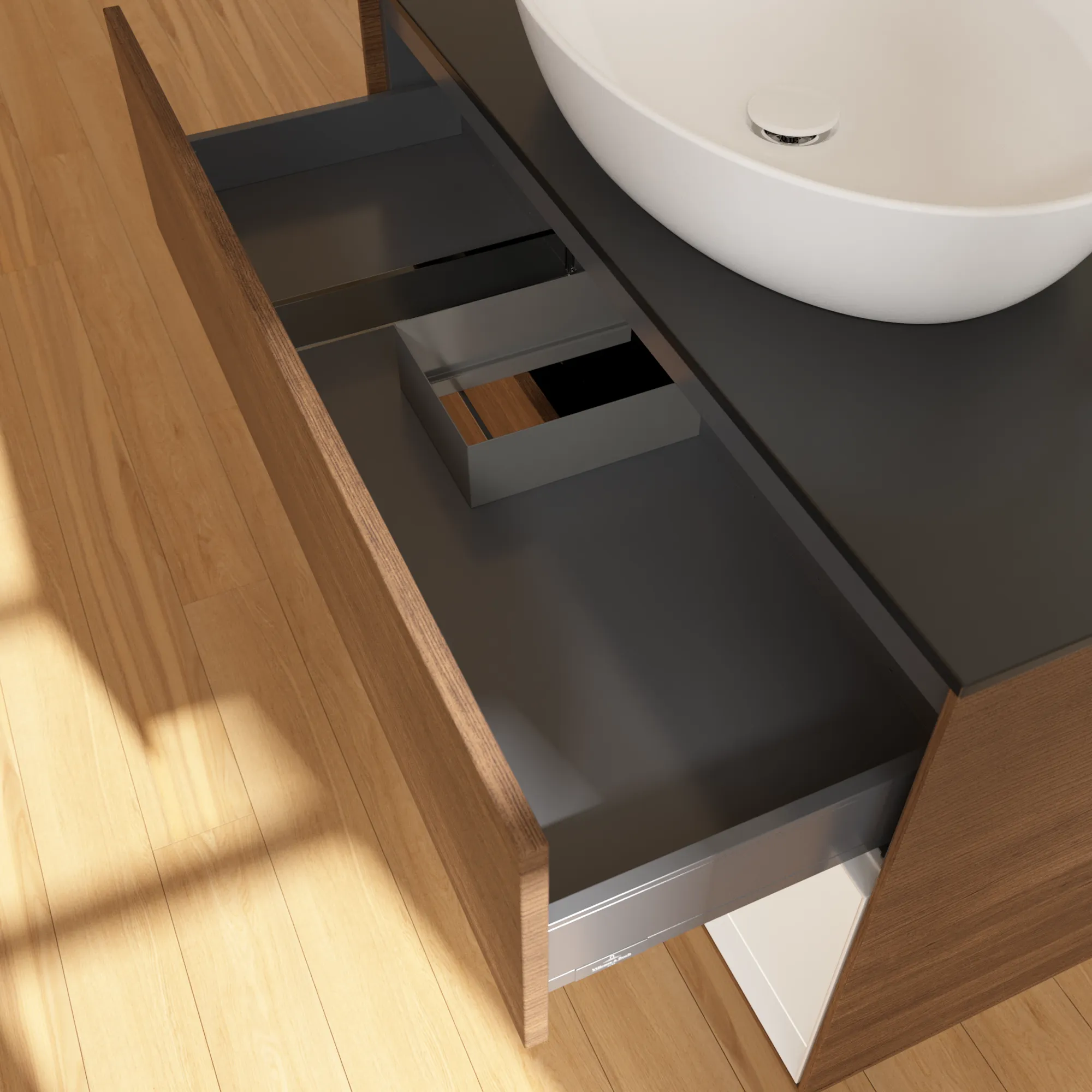 Villeroy & Boch Waschtischunterschrank „Finion“ für Schrankwaschtisch 1000 × 603 × 501 mm Walnut Veneer, für Becken mittig, mit Hahnlochbohrung Villeroy & Boch Waschtischunterschrank „Finion“ für Schrankwaschtisch 1000 × 603 × 501 mm Walnut Veneer, für Becken mittig, mit Hahnlochbohrung