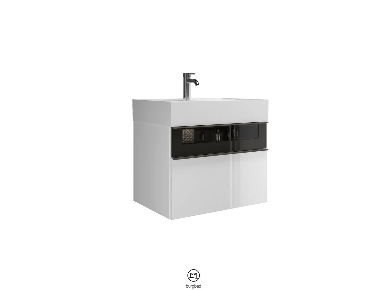 Mi-Waschtisch inkl. WTU Yumo von burgbad – Mineralguss, 470x665x610 mm, 1 Schublade, Rauchglasfront Mi-Waschtisch inkl. WTU Yumo von burgbad – Mineralguss, 470x665x610 mm, 1 Schublade, Rauchglasfront