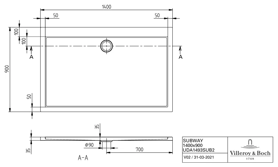 Villeroy & Boch rechteck Duschwanne „Subway“ 140 × 90 cm