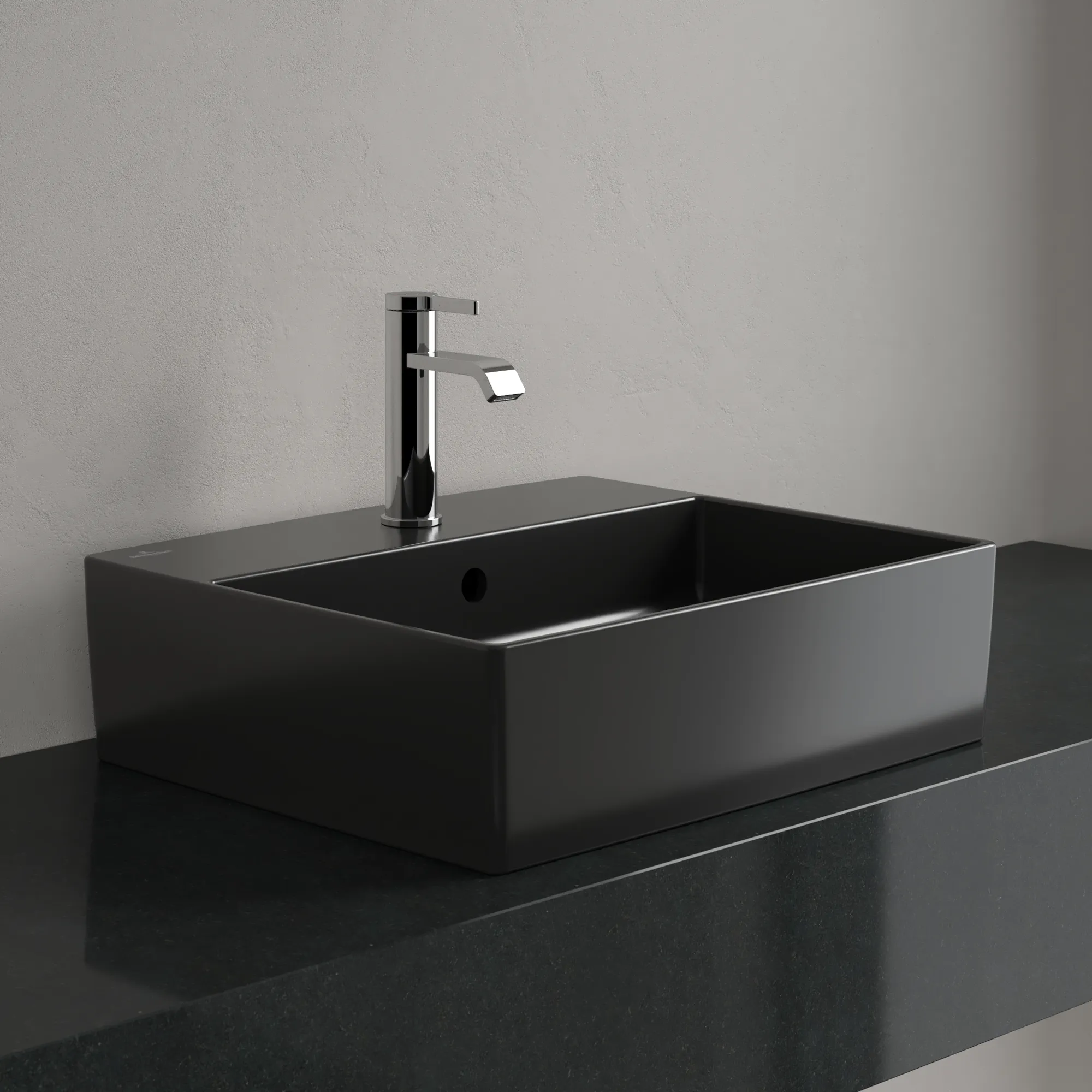 Villeroy & Boch Aufsatzwaschbecken Memento 2.0 Pure Black CeramicPlus, 498x420x139 mm, TitanCeram, matt, mit Überlauf, für 3-Loch-Armatur