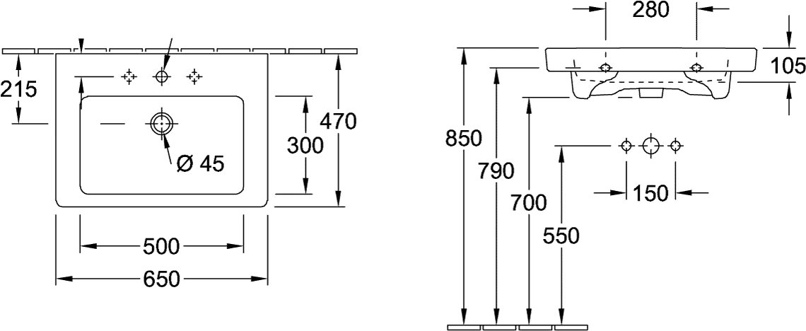 Wandwaschtisch geschliffen „Subway 2.0“ 65 × 47 × 18 cm, mit Hahnlochbohrung, Hahnlochposition mittig, mit Hahnlochbank