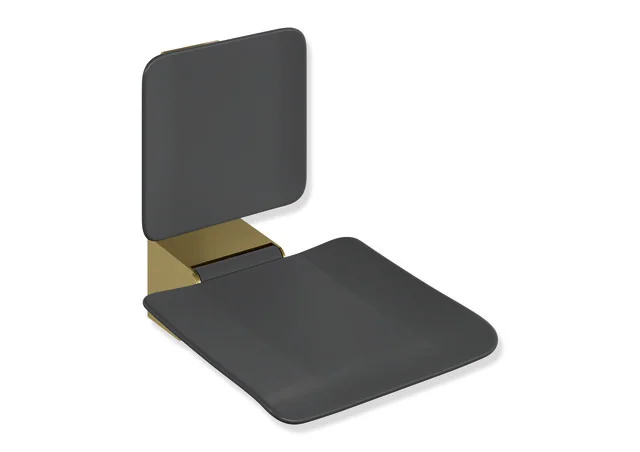 HEWI Klappsitz System 900, Wandkonsole Edelstahl PVD, Sitzfläche 450x450 mm, Rückenlehne schwarz, Farbe VT Gold gebürstet
