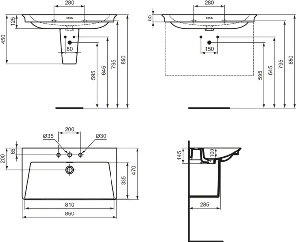 Ideal Standard Möbelwaschtisch La Dolce Vita, 860 mm, weiß (Alpin), 3 Hahnlöcher mit Überlauf, Keramik (Feinfeuerton)