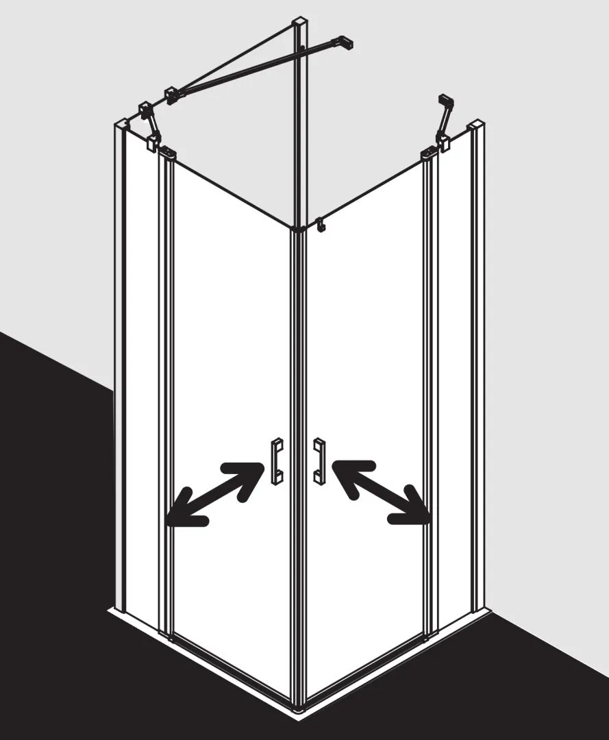 Kermi Duschtür Eckeinstieg 2-teilig (Pendeltüren mit Festfeldern) Halbteil links „LIGA“ 185 cm Glas Klar, Profile Silber Hochglanz, Drehtür zweiteilig