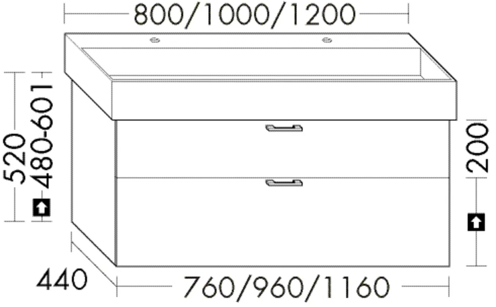Waschtischunterschrank Sys30 von burgbad - 440 mm tief, 760 mm breit, 520 mm hoch, mit 1 Schublade oben und 1 Auszug unten