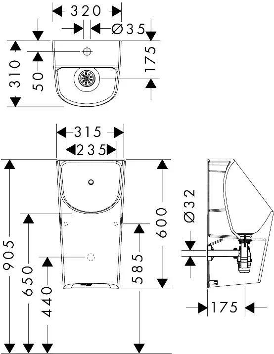 Hansgrohe EluPura Original S Urinal, Keramik, glänzend, spülrandlos, Zulauf von oben, Wandanschluss G 1/2, inkl. Schallschutzmatte und Siphon