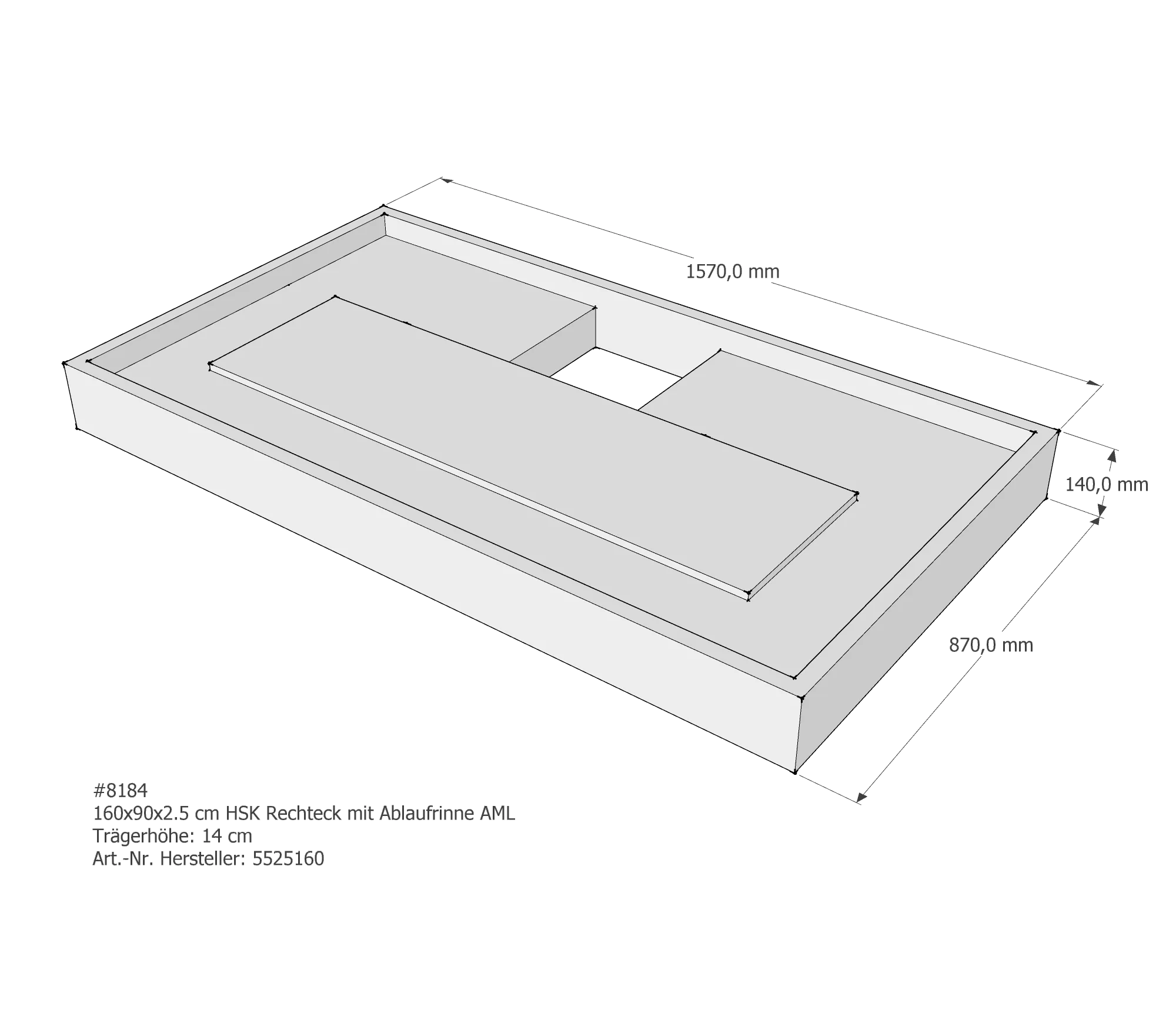 Duschwannenträger für HSK Rechteck Ablaufrinne 160 × 90 × 2,5 cm