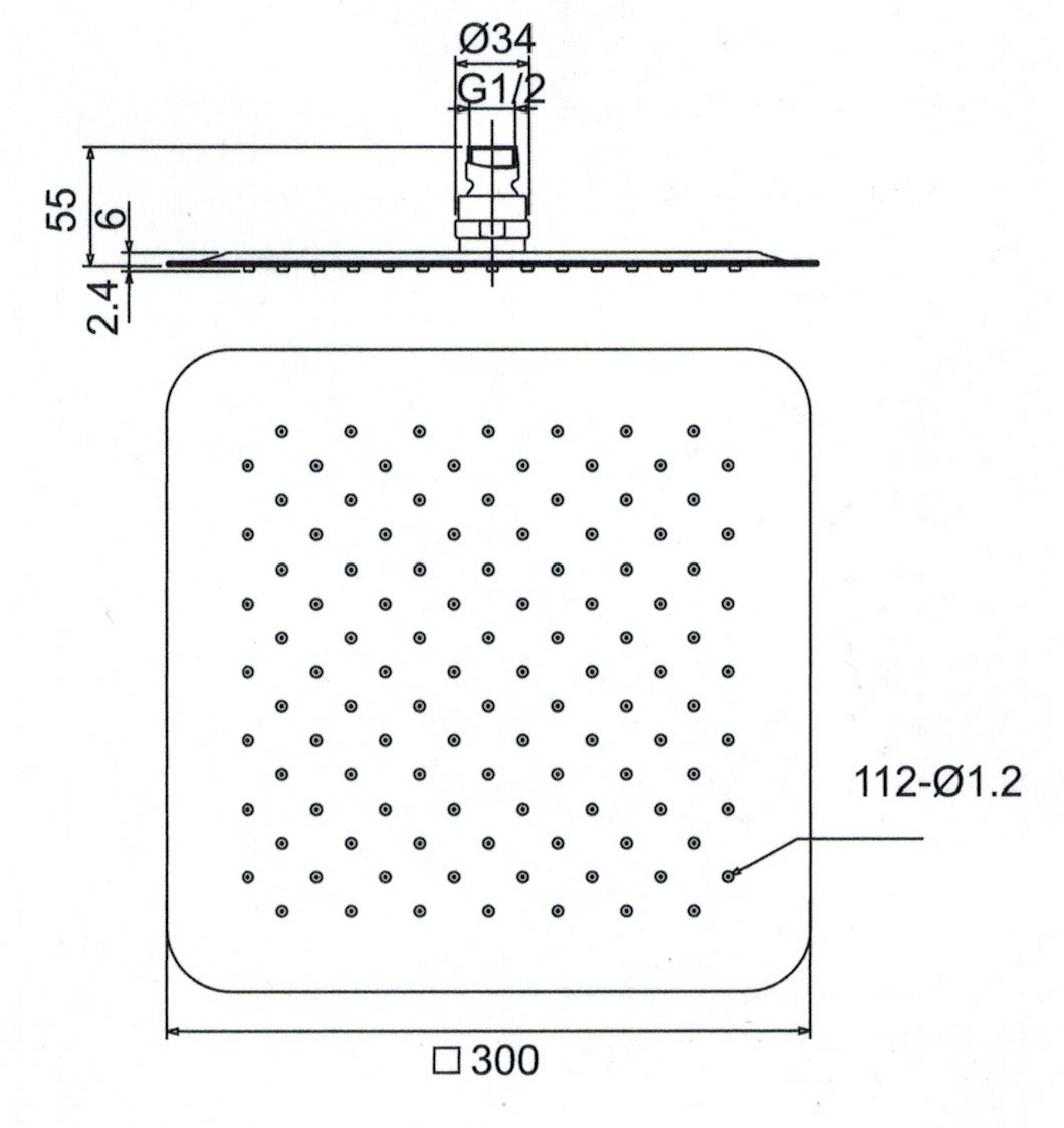 Kopfbrause AqvaGreen - quadratisch - 300 × 300 mm - sichtbare Höhe 2,4 mm - "easy-clean" - 1/2″ IG - Kugelgelenk, 45° schwenkbar - 12,1 L/min bei 3 bar - Edelstahl, hochglanzpoliert