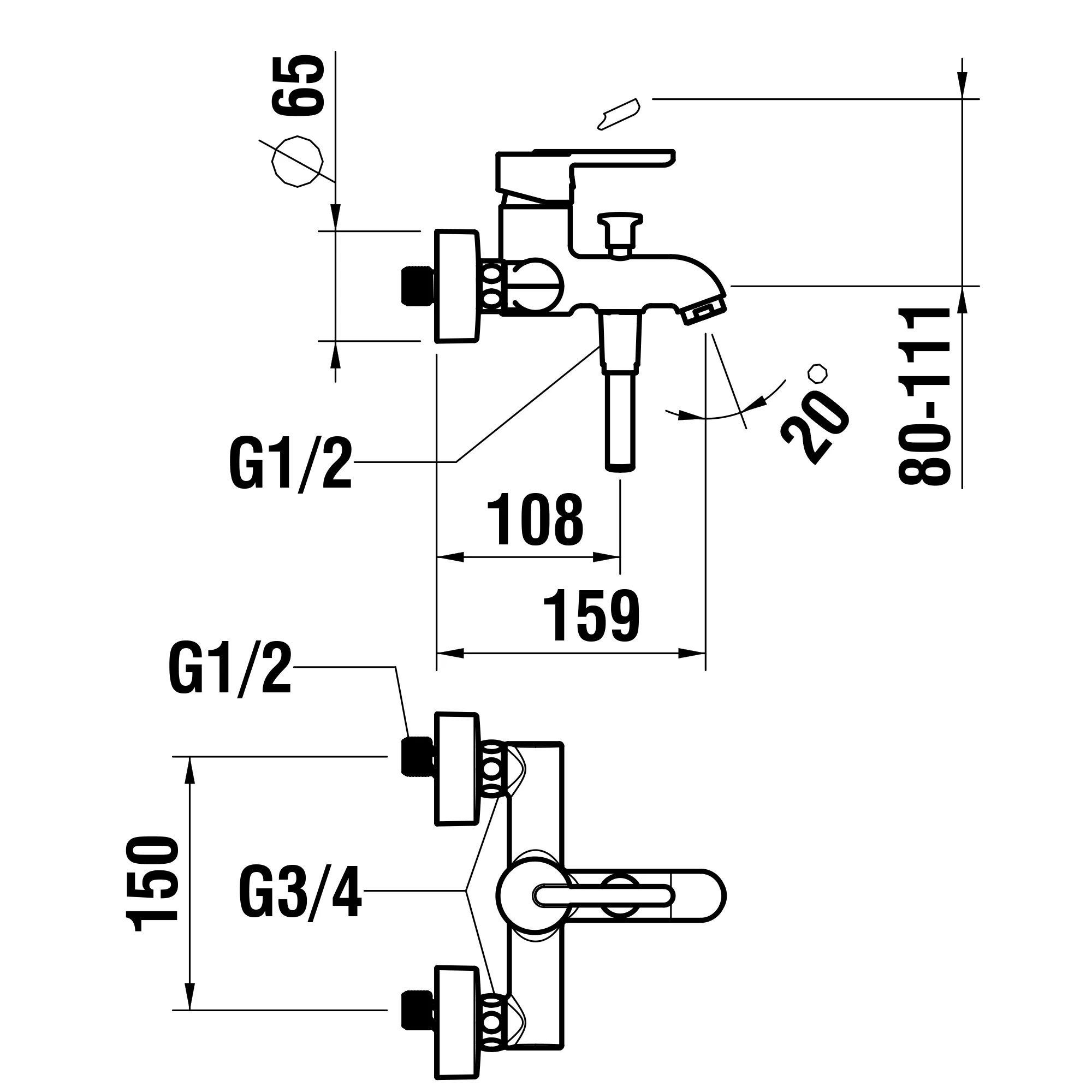 Einhebel-Wannenmischer Lua Anschlussdistanz 150 mm Ausladung 159 mm Temperaturlimitierung Mengenlimitierung Automatischer Umsteller Patrone Hebel komplett Luftmischdüse M24x1 ohne Zubehör, chrom