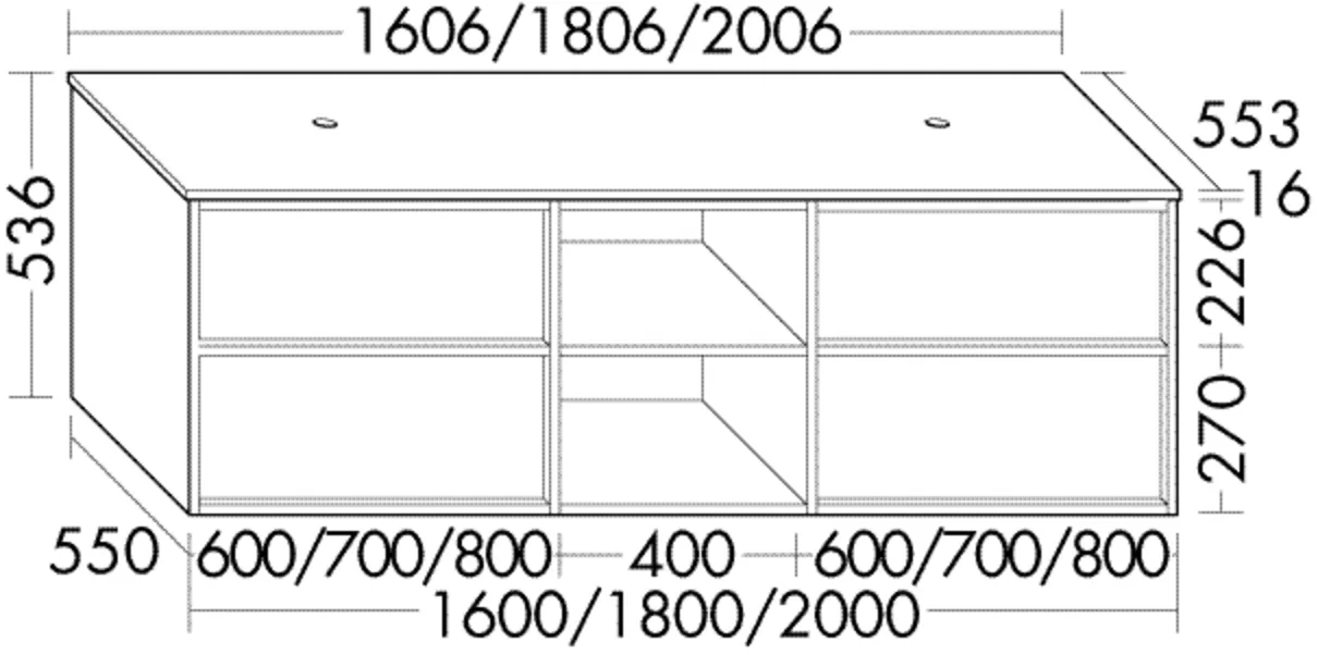 Burgbad Waschtischunterschrank Uomo inkl. Konsolenplatte, 1606 mm breit, 536 mm hoch, 2 Schubladen oben, 2 Auszüge unten