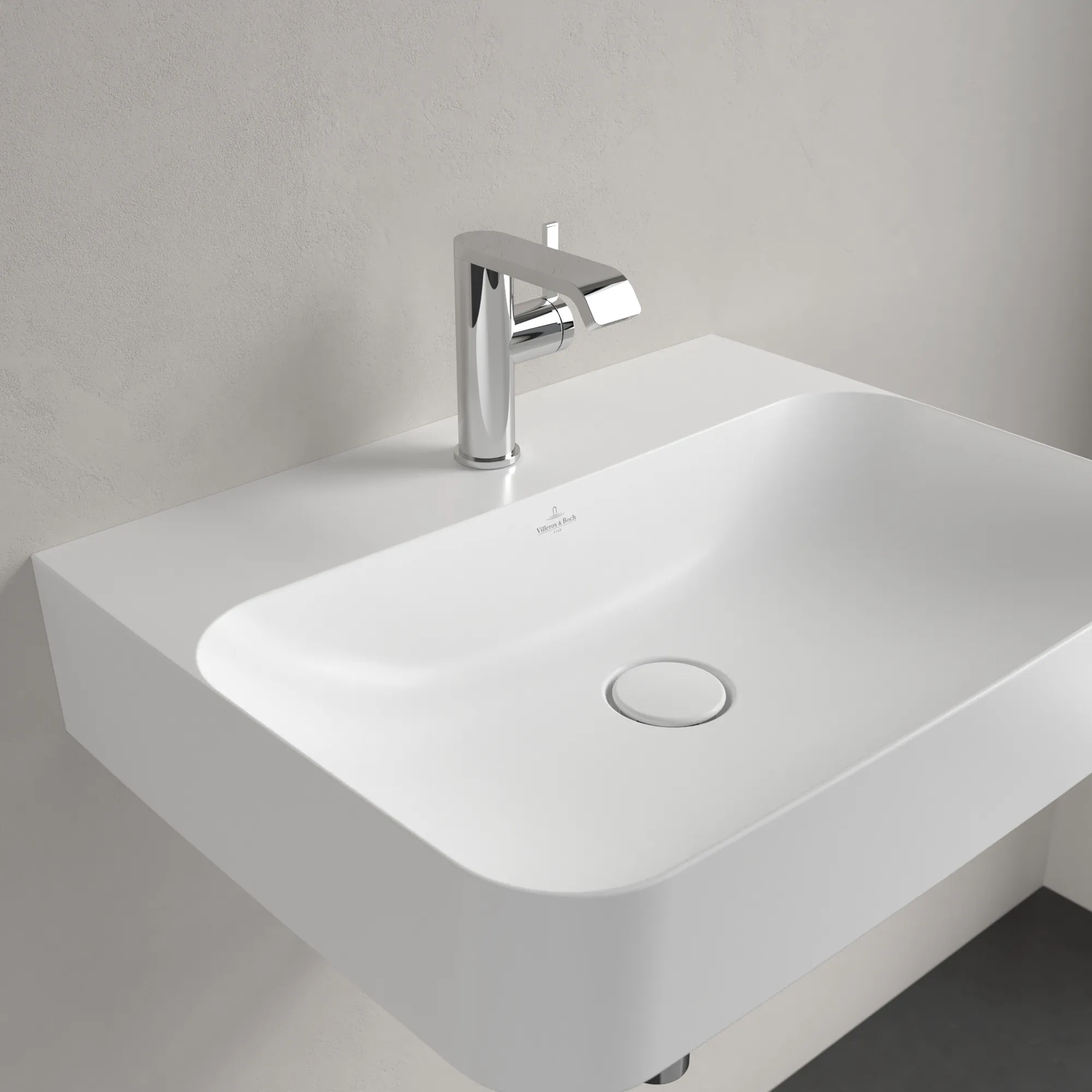 Villeroy & Boch Wandwaschtisch aus TitanCeram „Finion“ 600 × 470 × 164 mm, mit Hahnlochbohrung, Hahnlochposition mittig in Stone White, mit CeramicPlus Villeroy & Boch Wandwaschtisch aus TitanCeram „Finion“ 600 × 470 × 164 mm, mit Hahnlochbohrung, Hahnlochposition mittig in Stone White, mit CeramicPlus