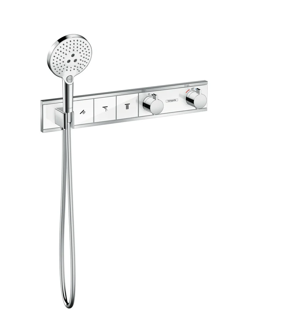 Hansgrohe RainSelect Thermostat Unterputz, 3 Verbraucher, weiß/chrom, mit Brausehalter und Tasten für Handbrause, Schwall, Rain groß