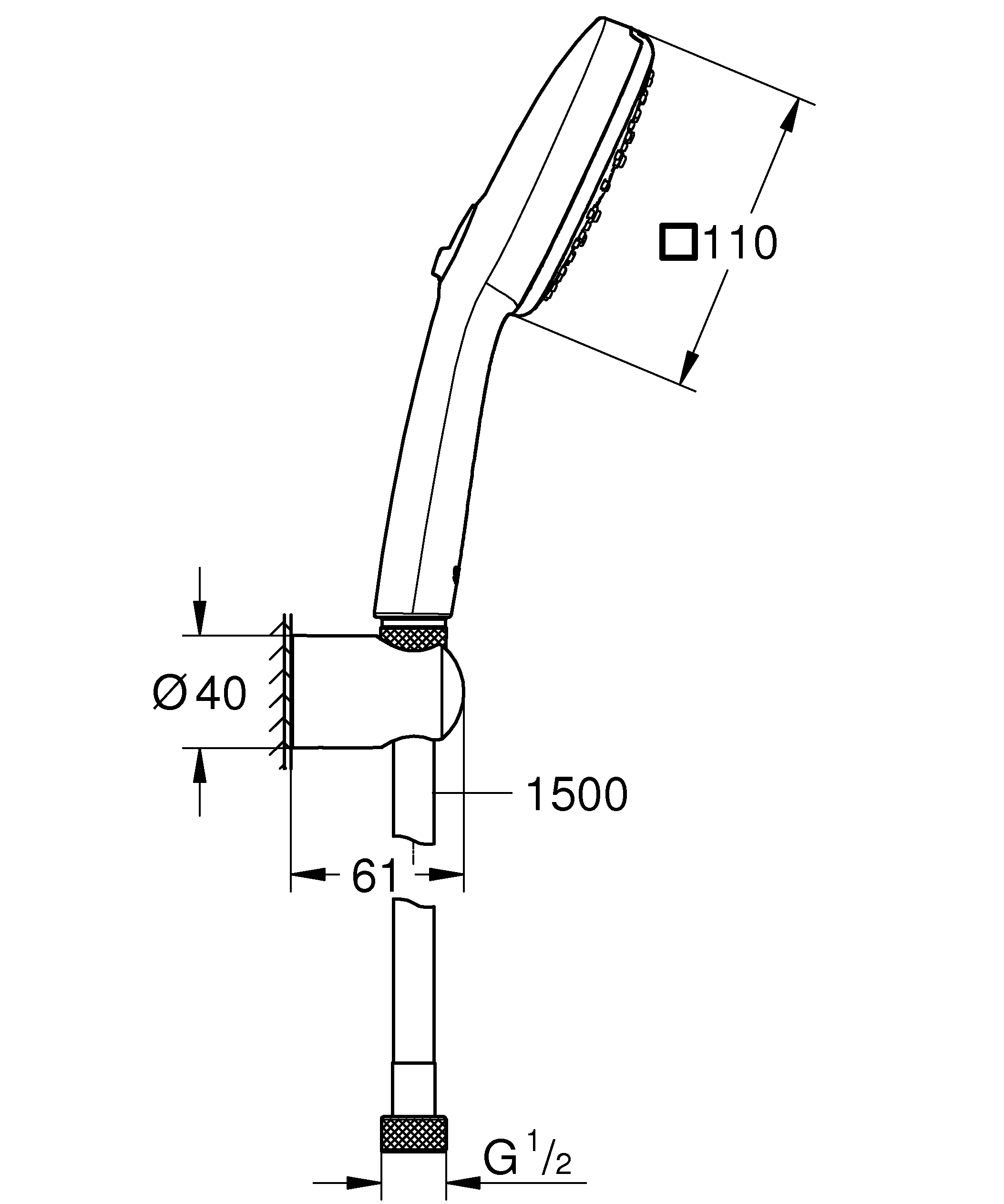 Wandhalterset Tempesta Cube 110 27588_3, Handbrause Tempesta Cube 110, 3 Strahlarten: Rain/Jet/Massage, Handbrausehalter, Relexaflex-Brauseschlauch 1.500mm, maximaler Durchfluss bei 3 bar: 7.4 l/min, matt black