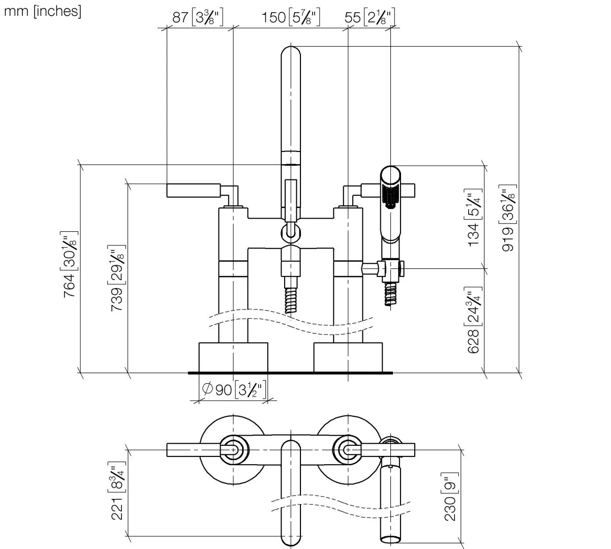 Dornbracht Tara Wannen-Zweilochbatterie für freistehende Montage mit Handbrausegarnitur Chrom, Ausladung 220 mm Dornbracht Tara Wannen-Zweilochbatterie für freistehende Montage mit Handbrausegarnitur Chrom, Ausladung 220 mm