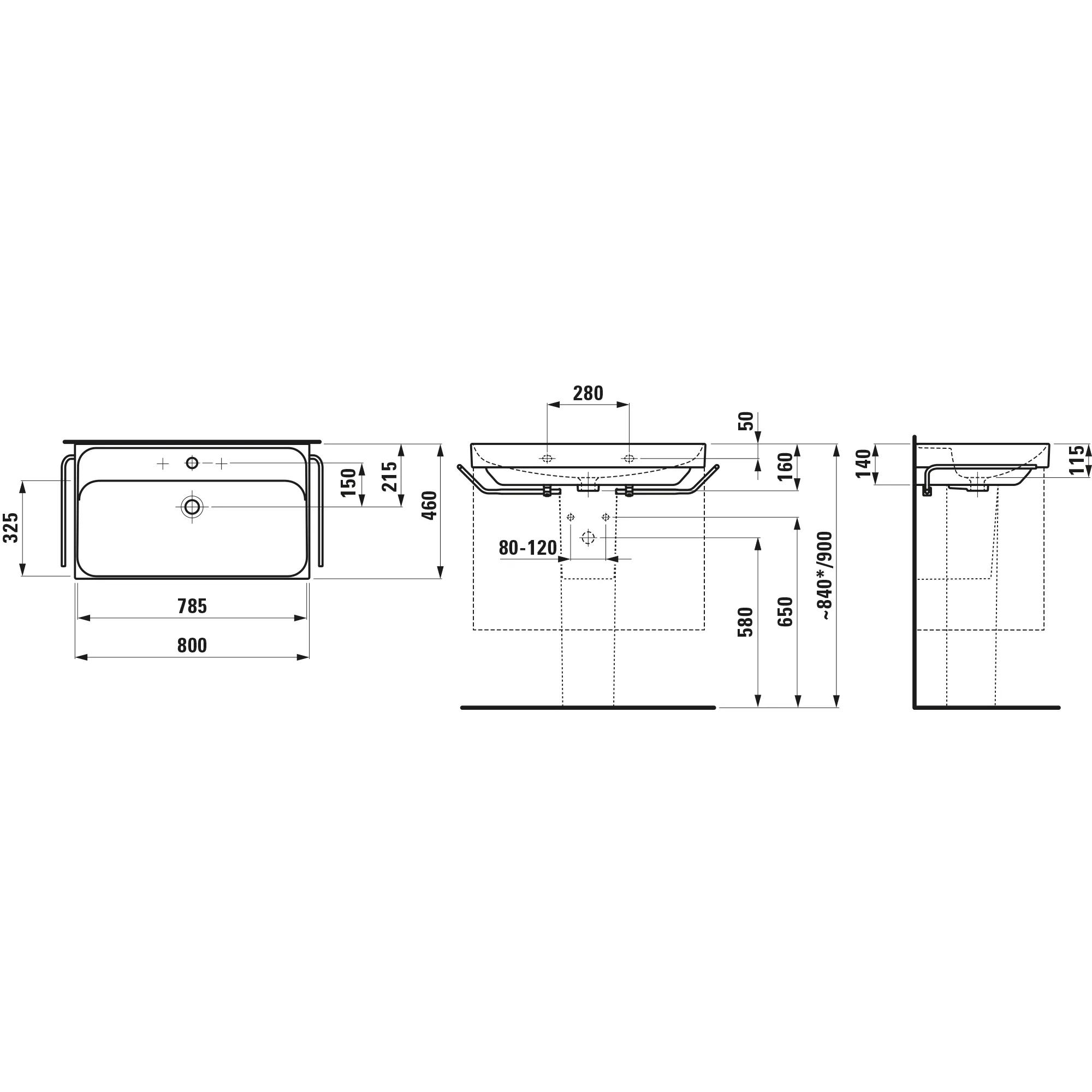 Waschtisch, MEDA, 460x800x160, 1 Hahnloch mit Überlauf, weiß