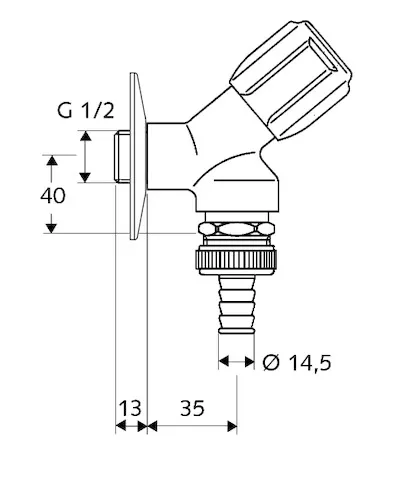 Geräteschrägsitzventil COMFORT, RFV, RB, DN 15 G 1/2 AG, Schlauchverschraubung Ø 14,5 mm (DN 20 G 3/4 AG), chrom