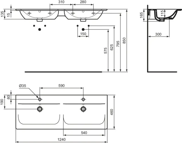 Waschbecken „ConnectAir“ 124 × 46 × 16,5 cm, Hahnlochposition mittig in Weiß Waschbecken „ConnectAir“ 124 × 46 × 16,5 cm, Hahnlochposition mittig in Weiß