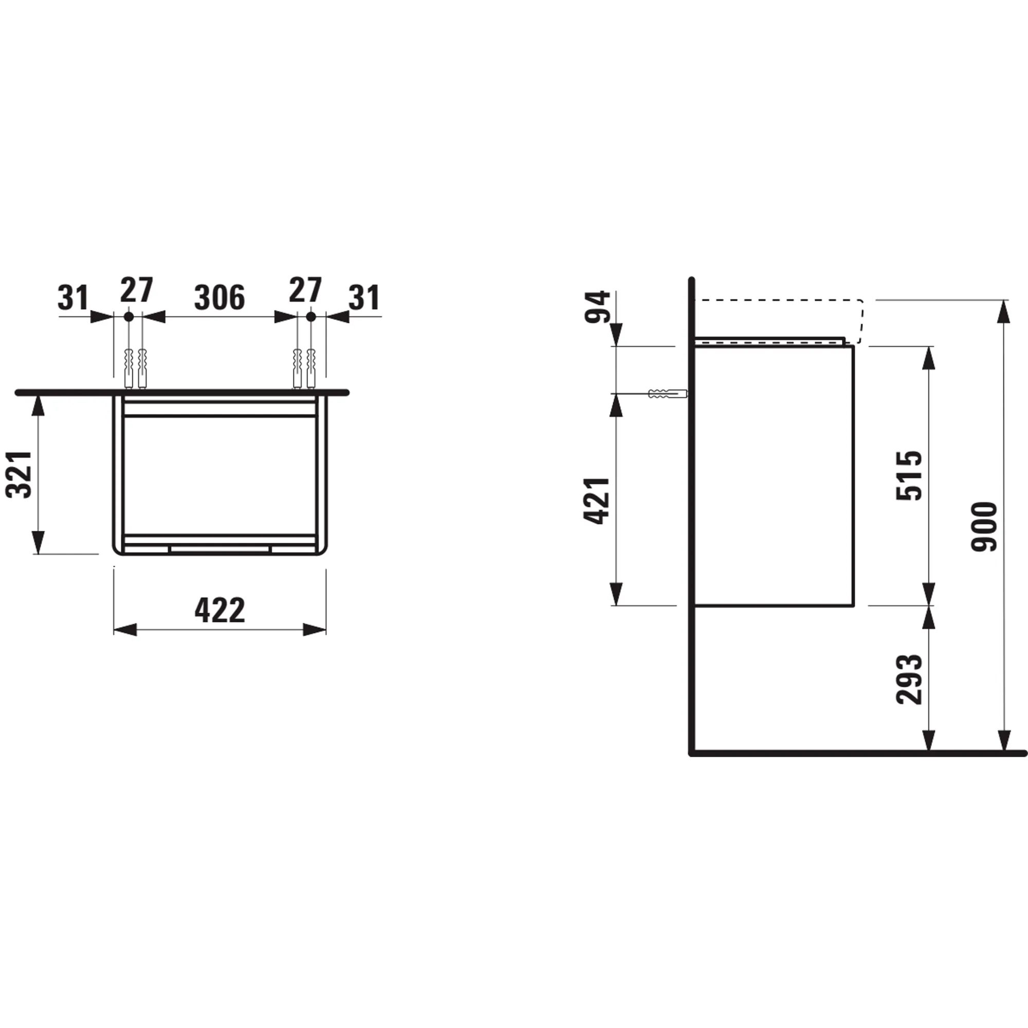 Waschtischunterbau JUNA für PRO S 320x422x515 1 Tür mit Griffmulde, Scharnier links für Waschtisch H815961 weiß matt