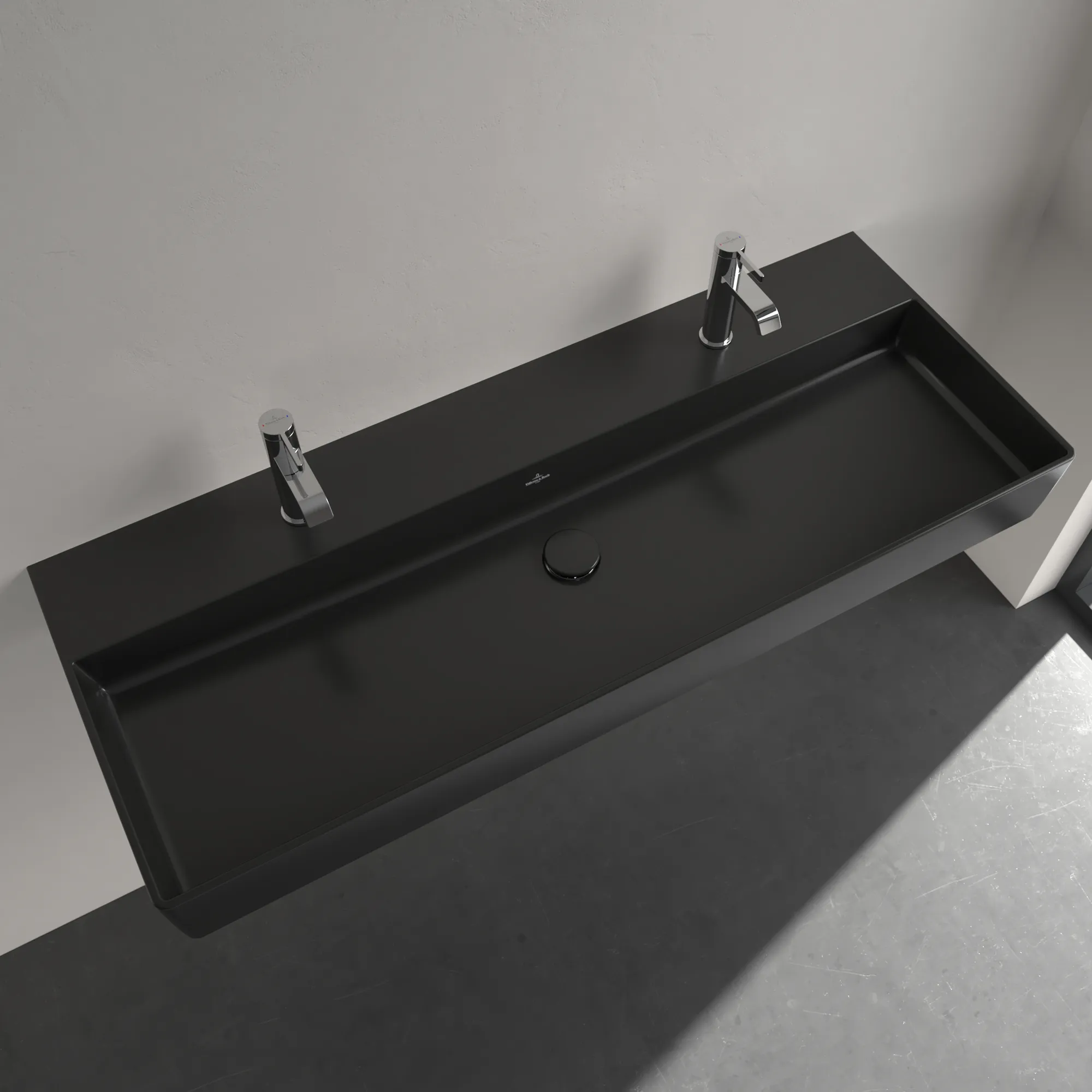 Villeroy & Boch Wandwaschtisch aus TitanCeram geschliffen „Memento 2.0“ 1200 × 470 × 150 mm, Hahnlochposition links und rechts, mit Hahnlochbohrung in Pure Black Villeroy & Boch Wandwaschtisch aus TitanCeram geschliffen „Memento 2.0“ 1200 × 470 × 150 mm, Hahnlochposition links und rechts, mit Hahnlochbohrung in Pure Black