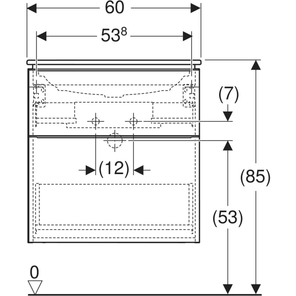 iCon Set Möbelwaschtisch schmaler Rand, mit Unterschrank, zwei Schubladen und Waschbeckenanschluss: B=60cm, H=63cm, T=48cm, weiß, weiß / lackiert hochglänzend, weiß / pulverbeschichtet matt