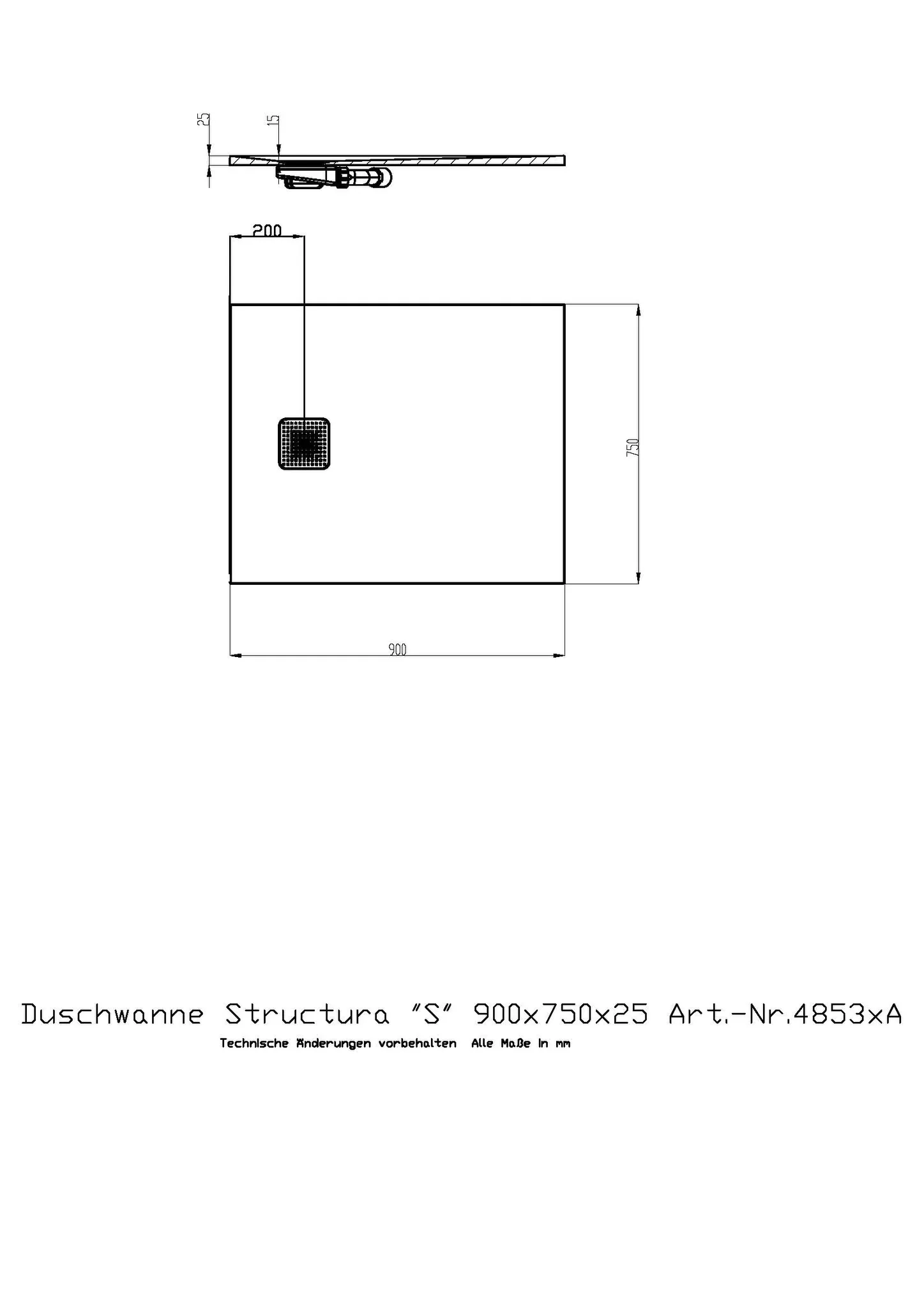 Duschwanne Structura ″S″ 900x750x25 in gesoftete Schieferoptik, mit Antirutsch B, Material Solique, Weiß