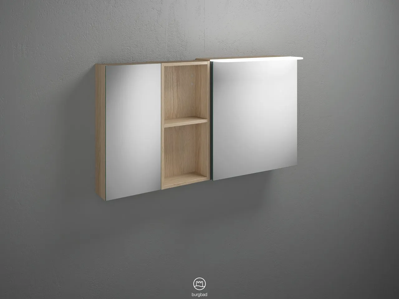 Burgbad Spiegelschrank Badu SFTX120, 310x1200x665 mm, 2 beidseitig verspiegelte Türen, LED-Aufsatzleuchte 4200 K, Schalter-Steckdosenelement