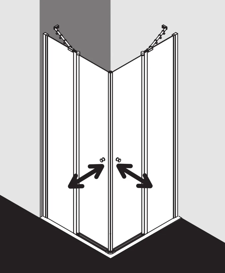 Kermi Duschtür Eckeinstieg 2-teilig (Pendeltüren mit Festfeldern) Halbteil links „IBIZA 2000“ 200 cm Glas SR Opaco, Profile Silber Mattglanz, Anschlag links, Drehtür zweiteilig