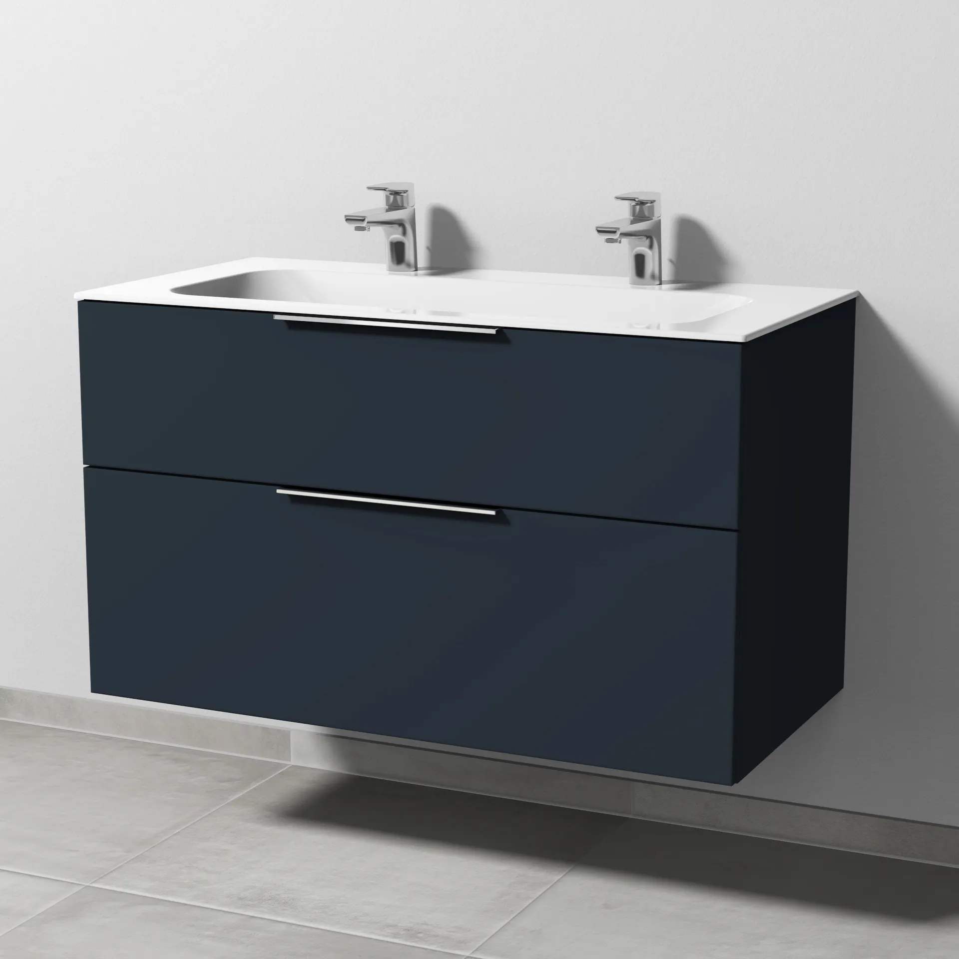 Keramik-Waschtisch-Set mit Waschtischunterschrank „3way“ 99 × 49,7 × 58,2 cm in Marine (matt), mit Hahnlochbohrung, Becken mittig