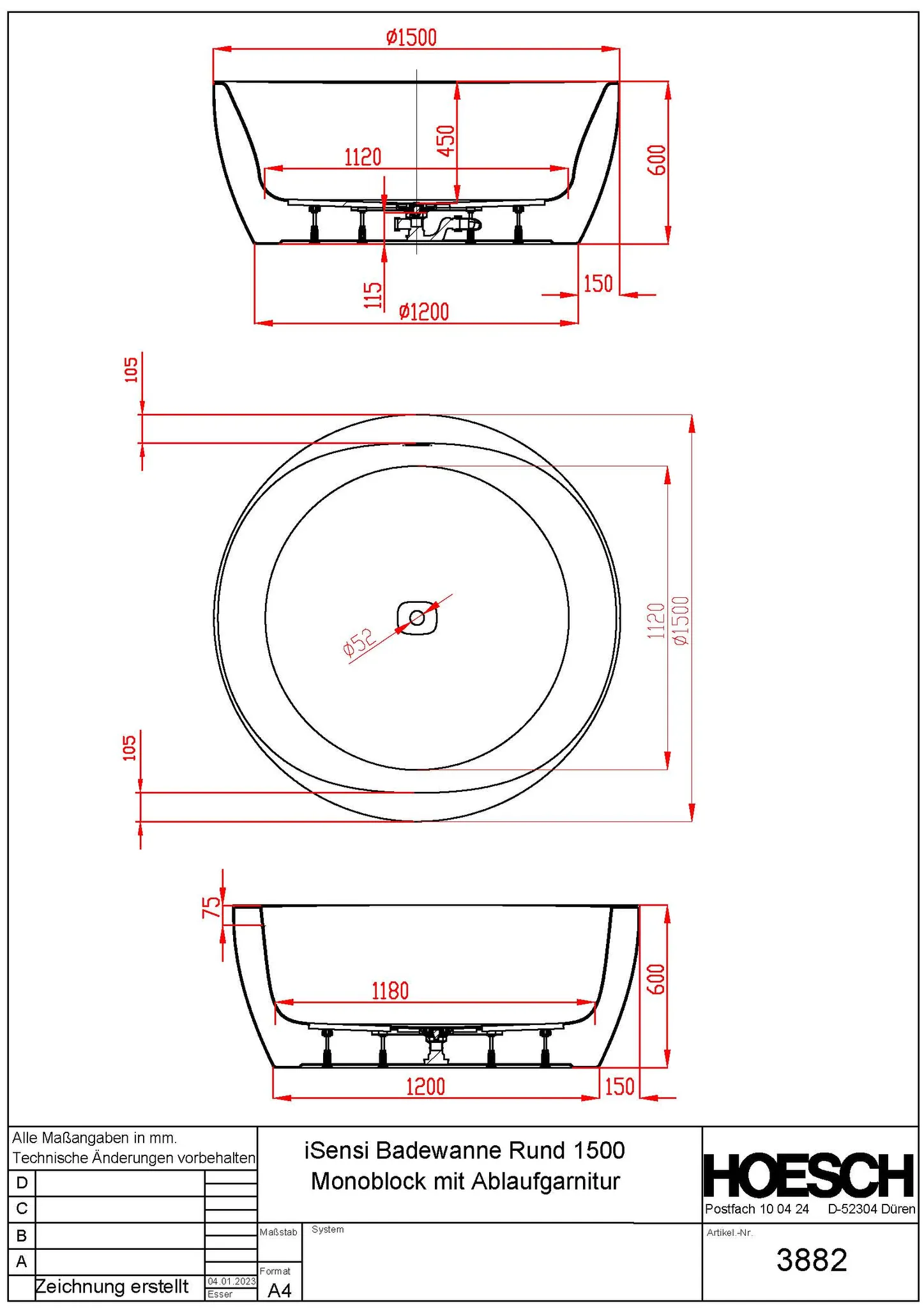 Hoesch iSensi Rund 1500 (Monolith) mit Ablaufgarnitur