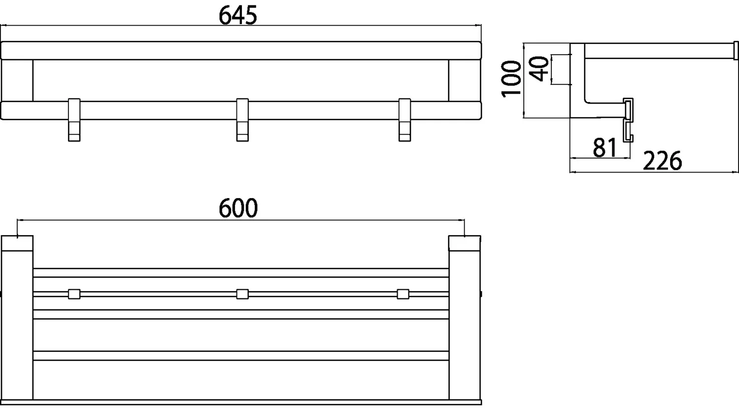 loft Badetuchablage mit Badetuchhalter, 600mm, 3 Haken, chrom