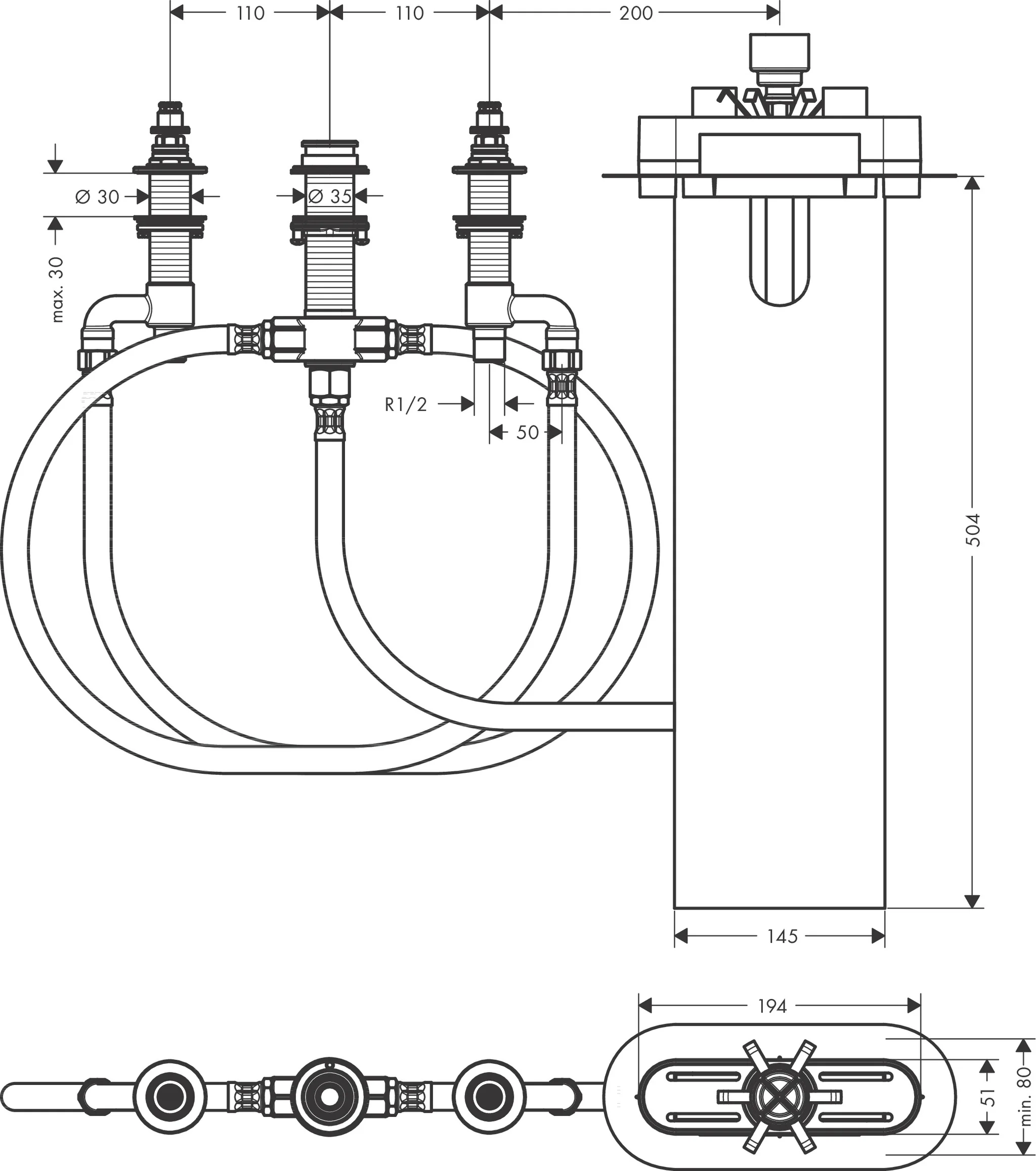 Hansgrohe 4-Loch Wannenarmatur Grundset mit sBox - Anschlussgewinde G 1/2, Anschlussgröße DN15, für Wannenrandbreite mind. 80 mm