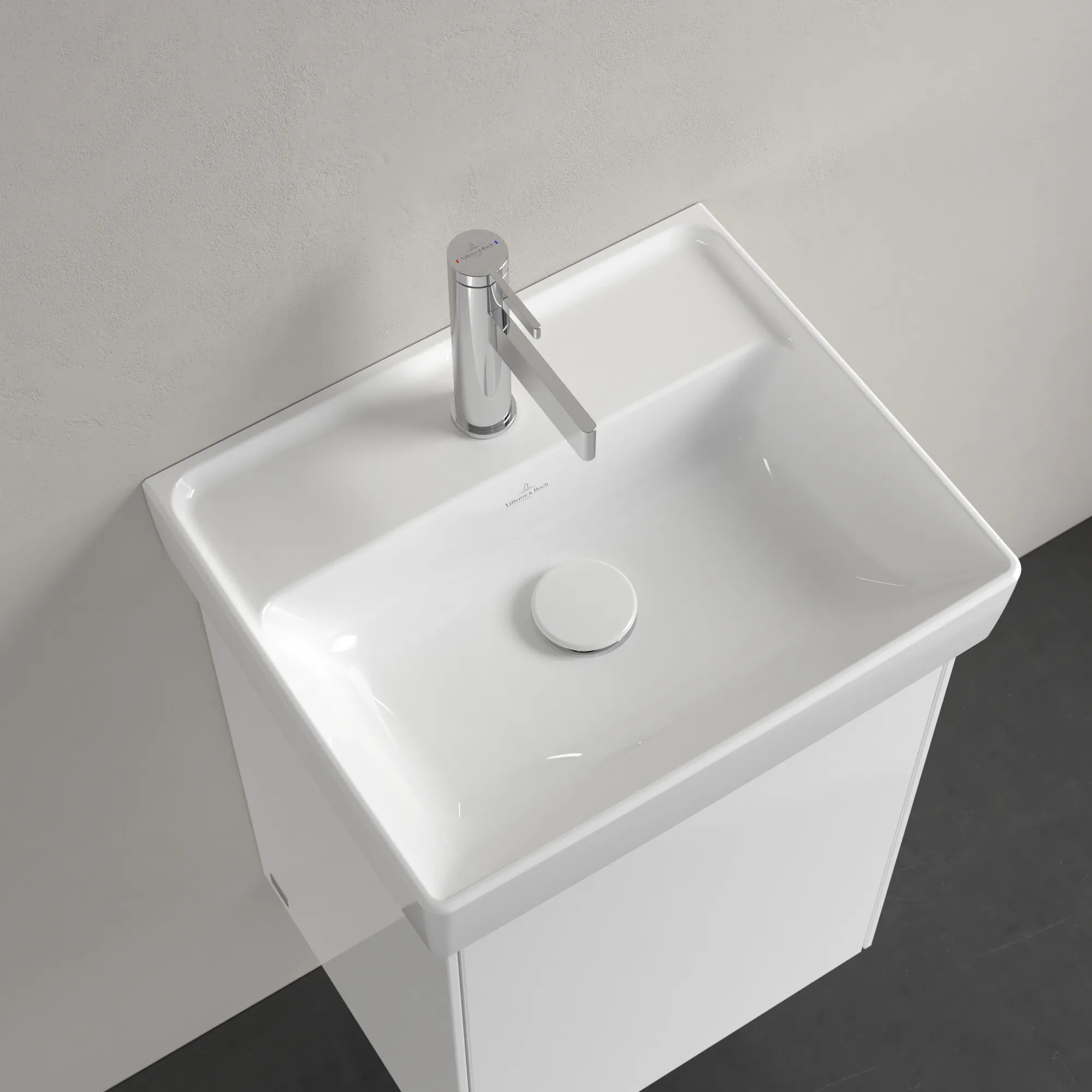Villeroy & Boch Handwaschbecken aus TitanCeram „Collaro“ 450 × 370 × 150 mm, mit Hahnlochbohrung, Hahnlochposition mittig in Weiß Alpin