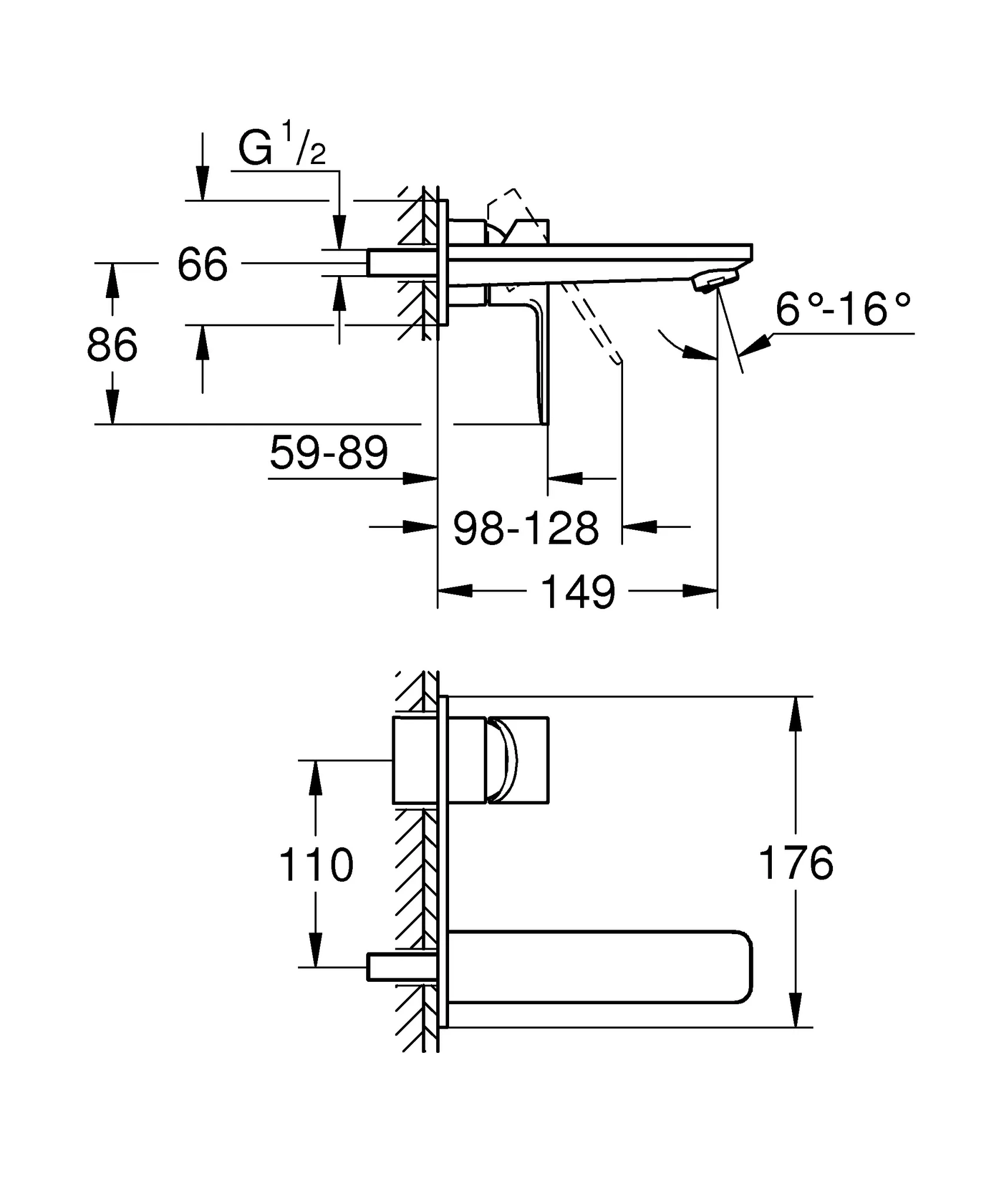 2-Loch-Waschtischbatterie Lineare 19409_1, Wandmontage, Fertigmontageset für 23 571, Ausladung 149 mm, chrom 2-Loch-Waschtischbatterie Lineare 19409_1, Wandmontage, Fertigmontageset für 23 571, Ausladung 149 mm, chrom