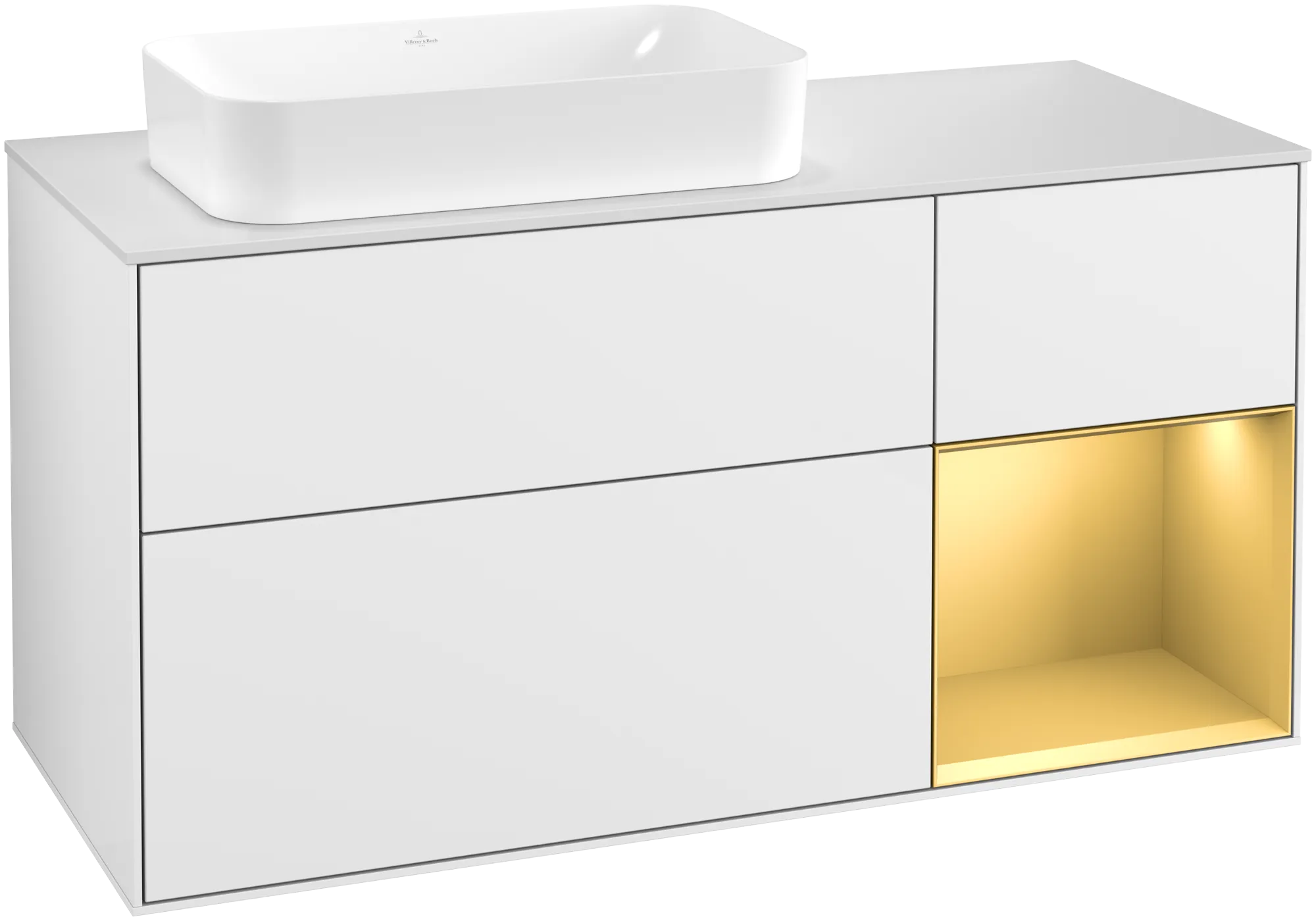 Villeroy & Boch Finion Waschbeckenunterschrank F28 1200x603x501mm Glossy White Lacquer / Gold Matt Lacquer / Glass White Matt