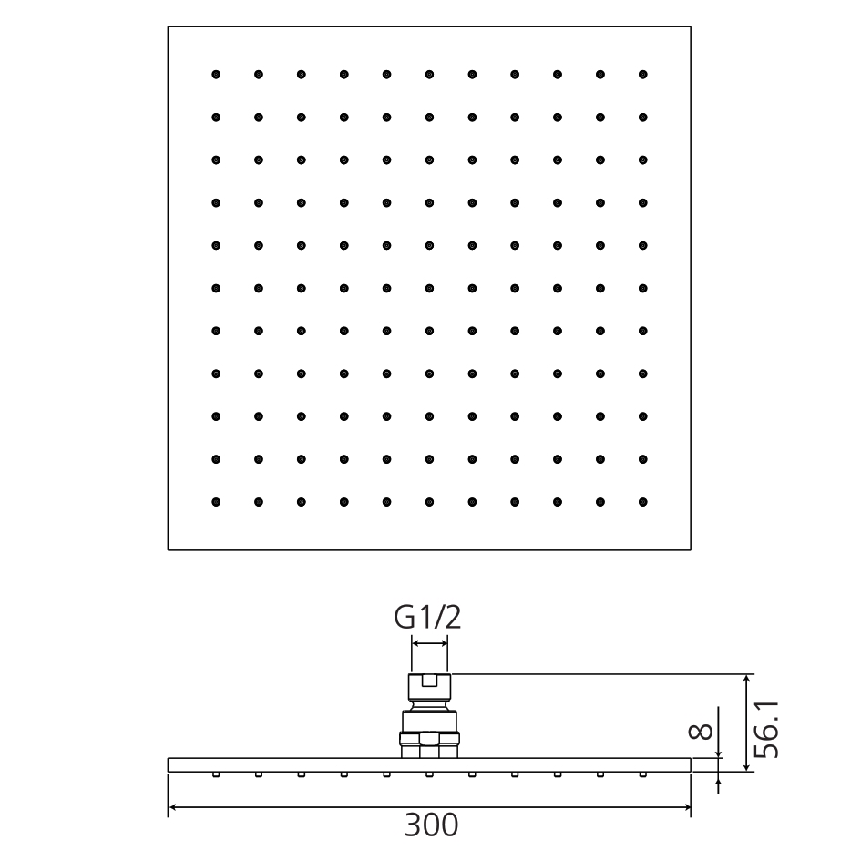 Kopfbrause AqvaDesign - quadratisch - 300 mm × 300 mm - Höhe 7 mm - "easy-clean" - 1/2″ IG - Kugelgelenk, 45° schwenkbar - 32,0 L/min bei 3 bar - Messing-verchromt Kopfbrause AqvaDesign - quadratisch - 300 mm × 300 mm - Höhe 7 mm - "easy-clean" - 1/2″ IG - Kugelgelenk, 45° schwenkbar - 32,0 L/min bei 3 bar - Messing-verchromt