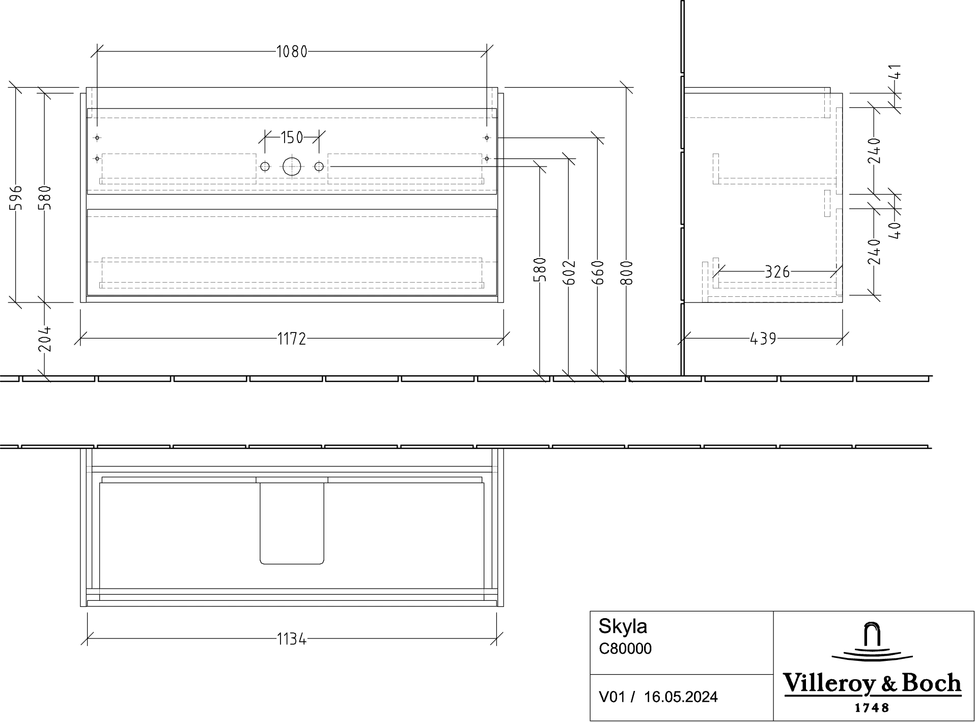 Villeroy & Boch Waschtischunterschrank „Skyla“ 1172 × 596 × 439 mm Stone Oak