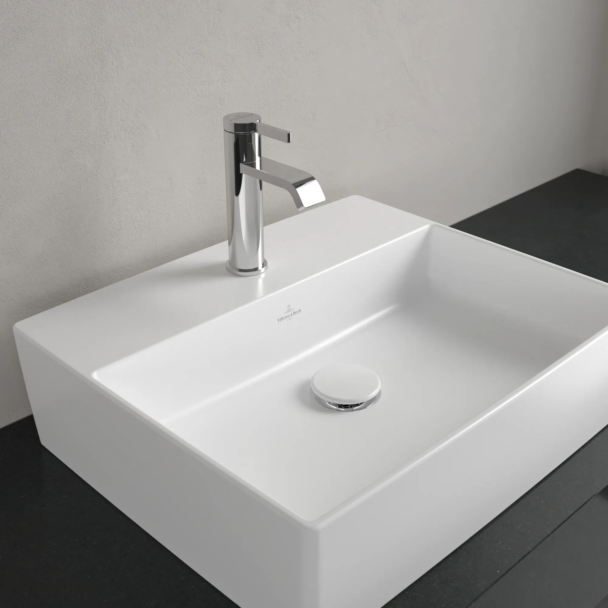 Villeroy & Boch Aufsatzwaschtisch aus TitanCeram „Memento 2.0“ 498 × 420 × 139 mm, mit Hahnlochbohrung, Hahnlochposition mittig in Stone White