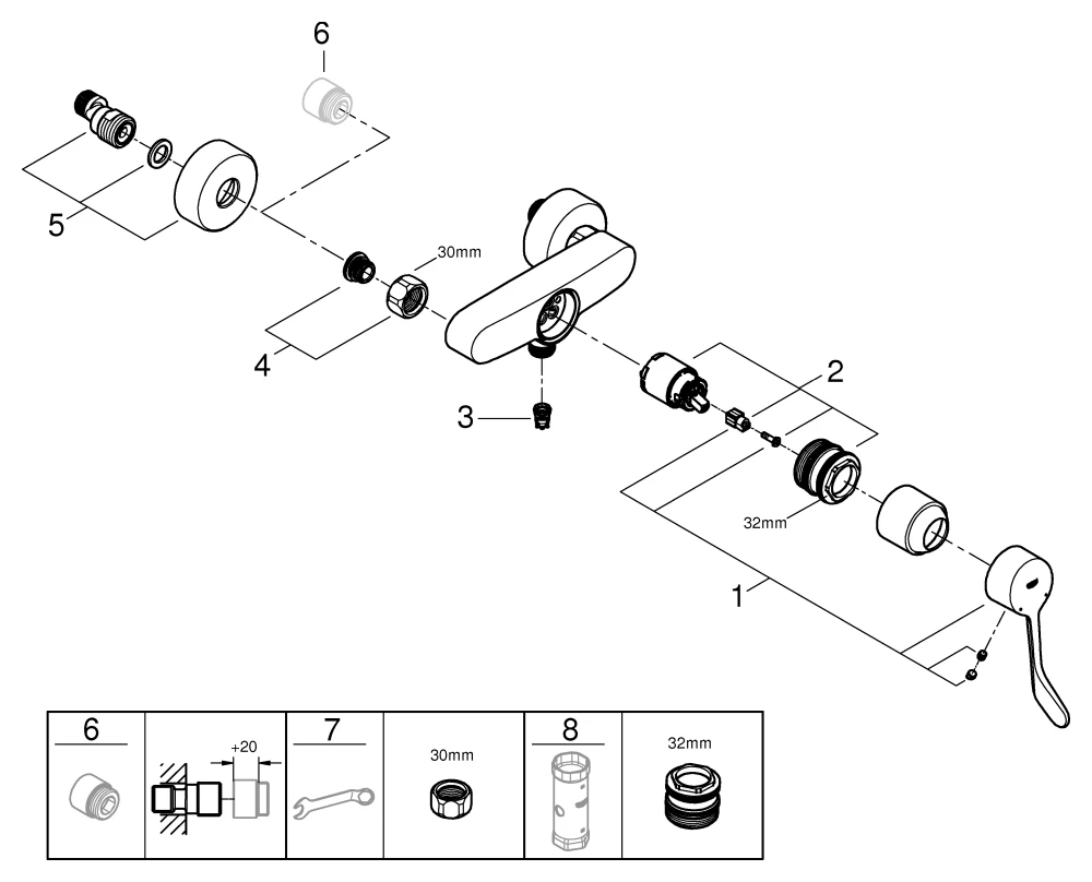 Einhand-Brausebatterie Eurosmart, 25244_3, Wandmontage, langer Metallhebel, Temperaturbegrenzer, S-Anschlüsse, eigensicher, chrom
